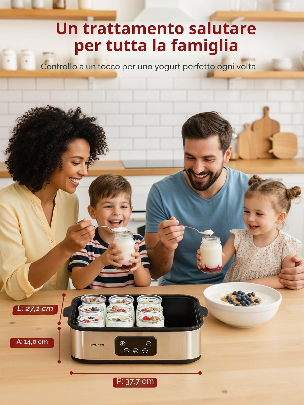 FOHERE Yogurtiera Elettrica con LCD Display, 12 Vasetti da 180 ml in Vetro, Timer 48 Ore e Controllo Costante Della Temperatura, BPA Free, Yogurt Greco, Ideale per Yogurt Fatti In Casa