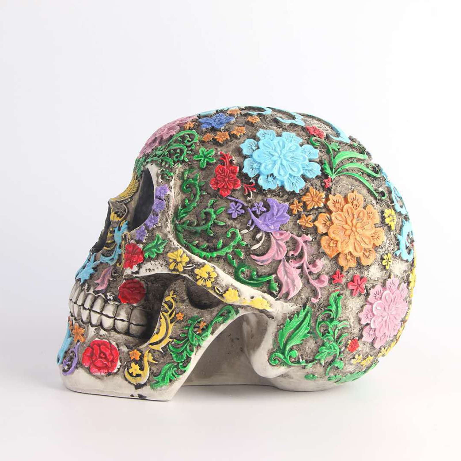 Cabeza de muerte tallada de diseño gótico,estatua de cráneo con pétalos,Adornos de halloween de cráneo de resina,Ornamento de cráneo pintado,mesa de comedor,decoración de salón (estilo 1)