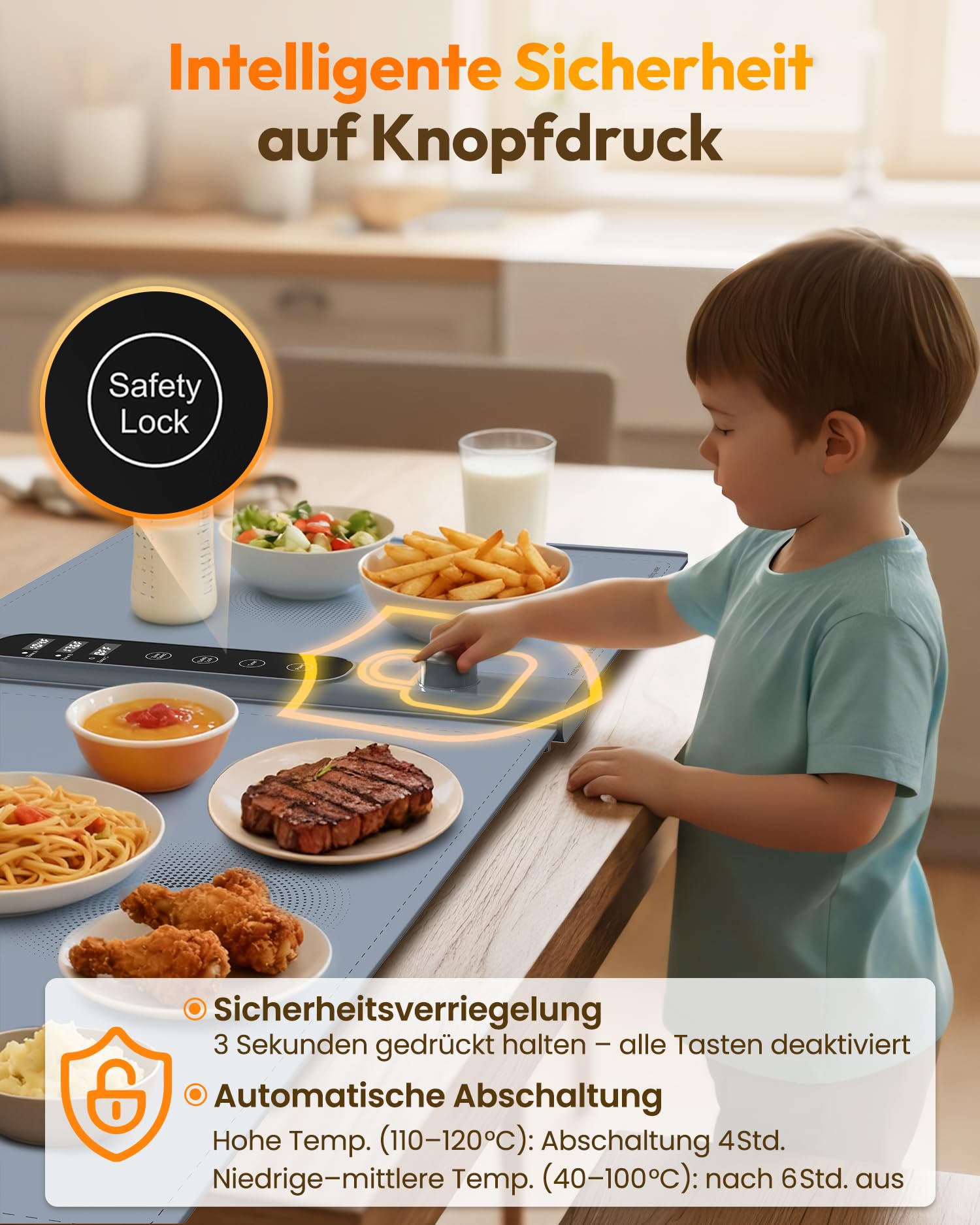 3-Zonen unabhängige Warmhalteplatte für Speisen 101×43 cm XXL | Elektrische Speisenwärmer mit 17 Temperaturstufen 6h Timer,Silikon-Rollbarer Buffetwärmer Wärmeplatte Essen für Party-Buffets