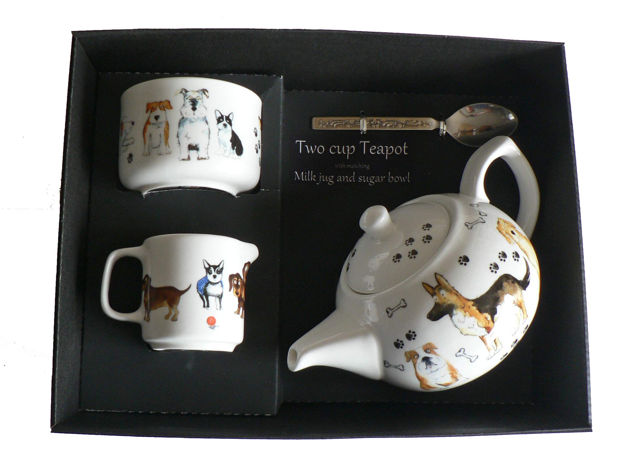 crackinchina Dogs Teapot, Milk jug and Sugar Bowl in Gift Set - Porcelain teapot, with Matching Milk & Sugar in Gift Boxed Package