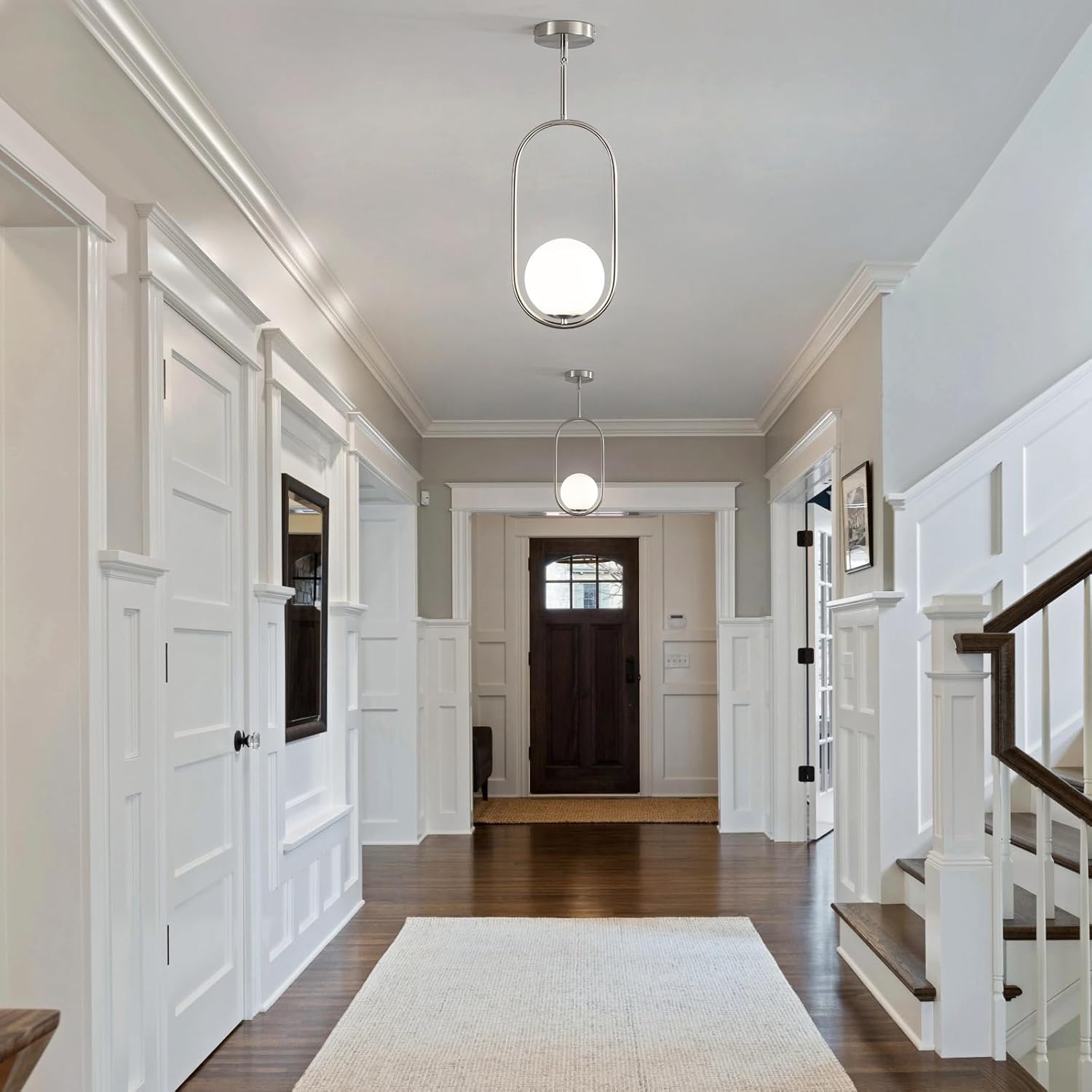 2 Pack Brushed Nickel Pendant Light Modern Mid Century Pendant Lighting for Kitchen Island Vintage Ceiling Hanging Light Fixture Milk Glass Pendant Lights for Hallway Kitchen Table Bedroom Entryway