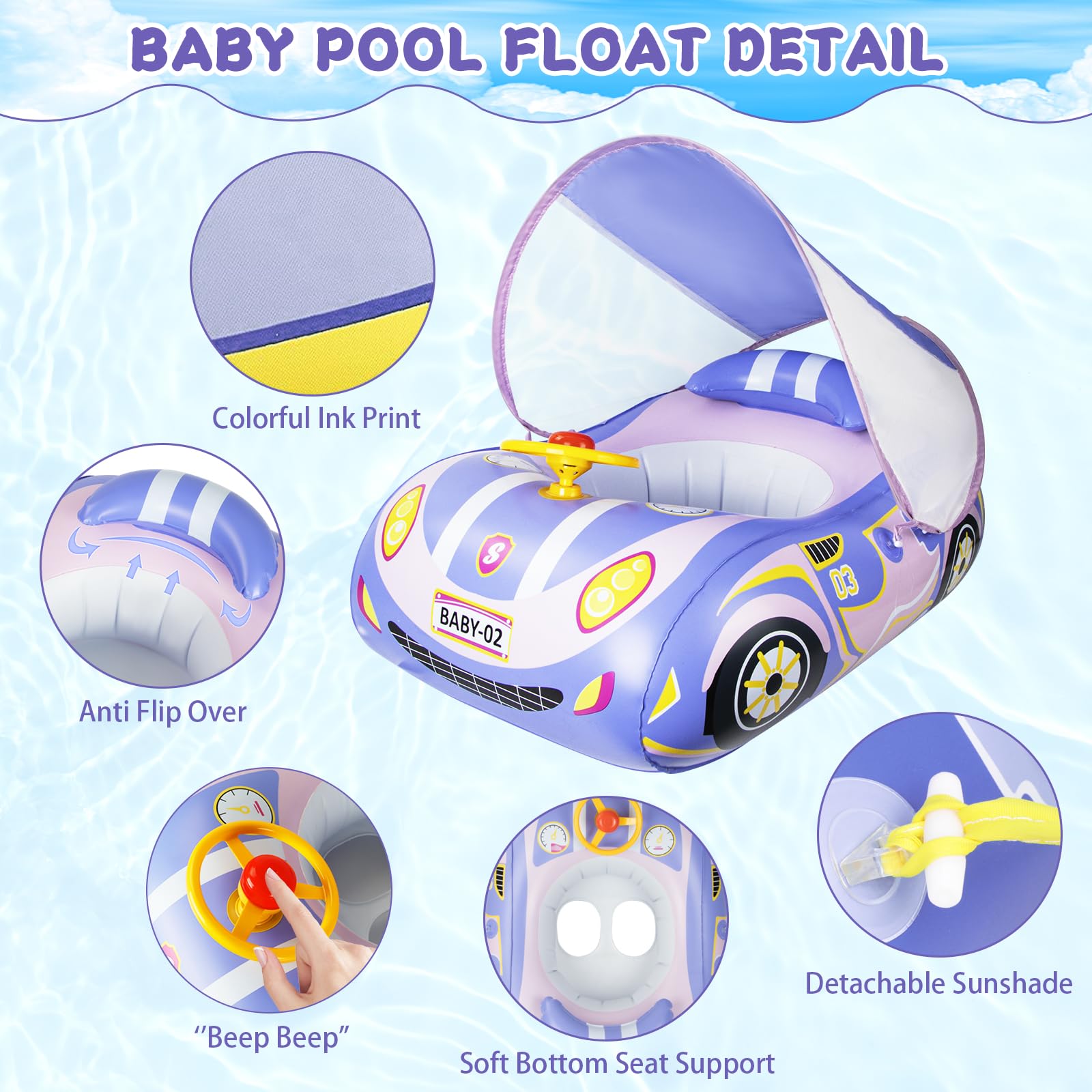 Baby Float with Canopy Car Ninonly Baby Floats for Swimming Pools with UPF50+ Removable Sun Protection Canopy Toddler Swimming Pool for Age of 18-48Months for Kid Purple - Image 4