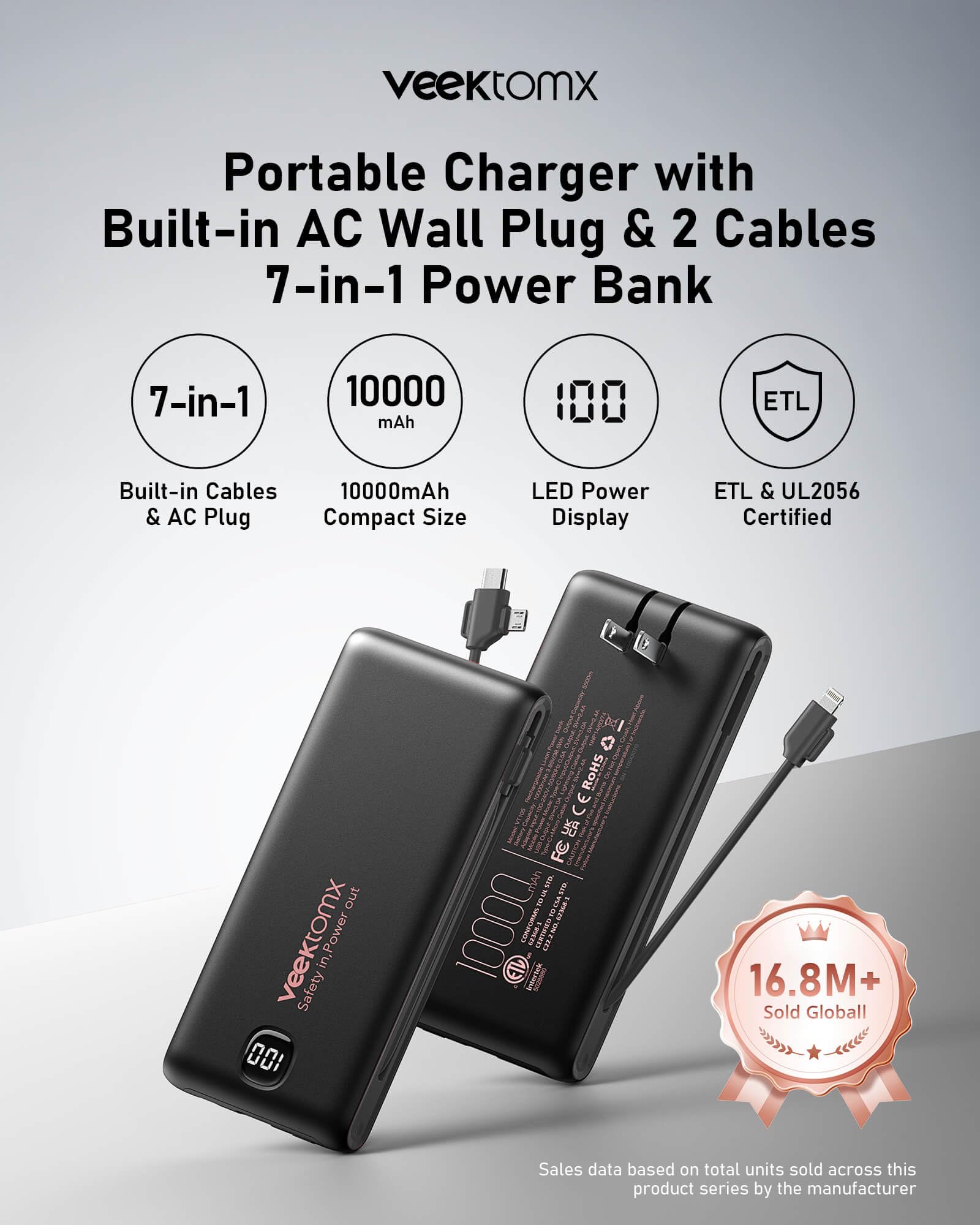 The VEEKTOMX 10000mAh portable charger features integrated USB-C and Lightning cables and a built-in AC wall plug for ultimate portability.