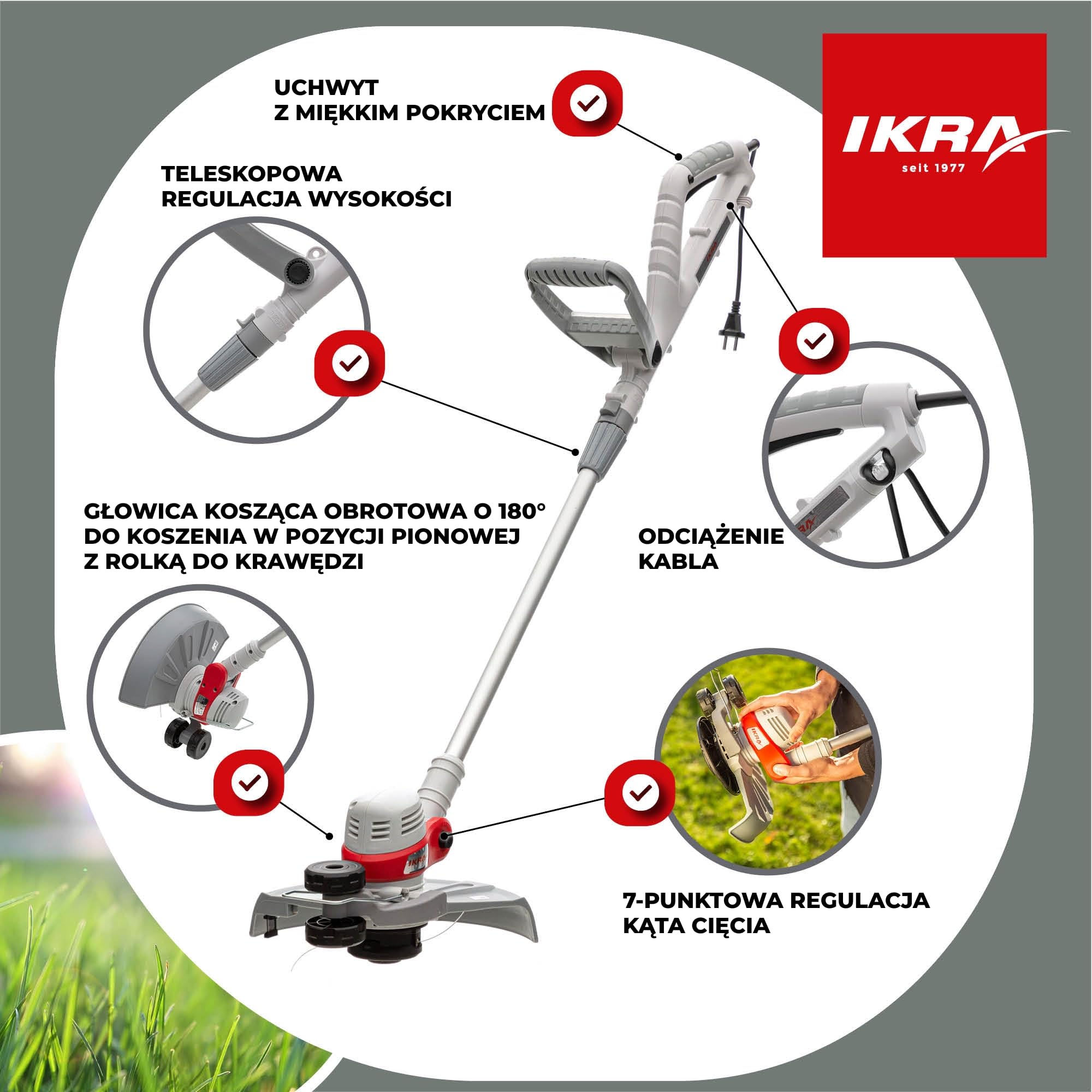IKRA 2w1 Podkaszarka elektryczna IGT 650 D-TC,650W,szerokość cięcia 30cm | System TwinCut:zestaw z szpulą żyłki i nożem nylonowym,teleskopowa regulacja wysokości,rolka krawędziowa,ochrona roślin