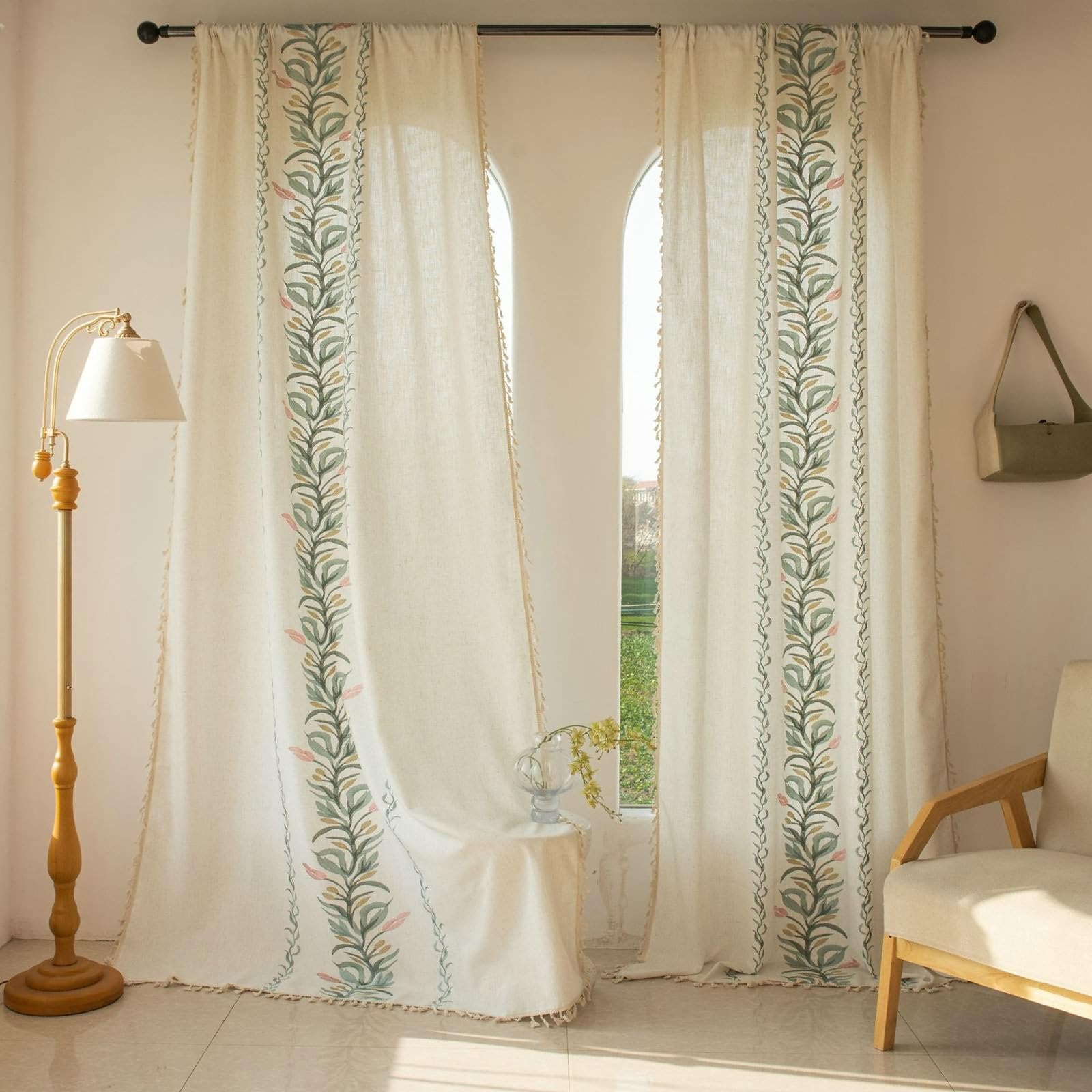 Rideau salon semi occultant 140x60 poche de tige brodé feuilles lot de 2