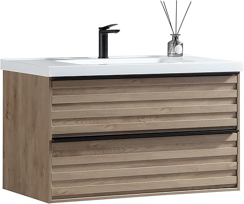 JINDOLI Tocador de baño de 36 pulgadas con fregadero, moderno tocador de baño con 2 cajones extra grandes, juego de gabinetes de baño flotantes