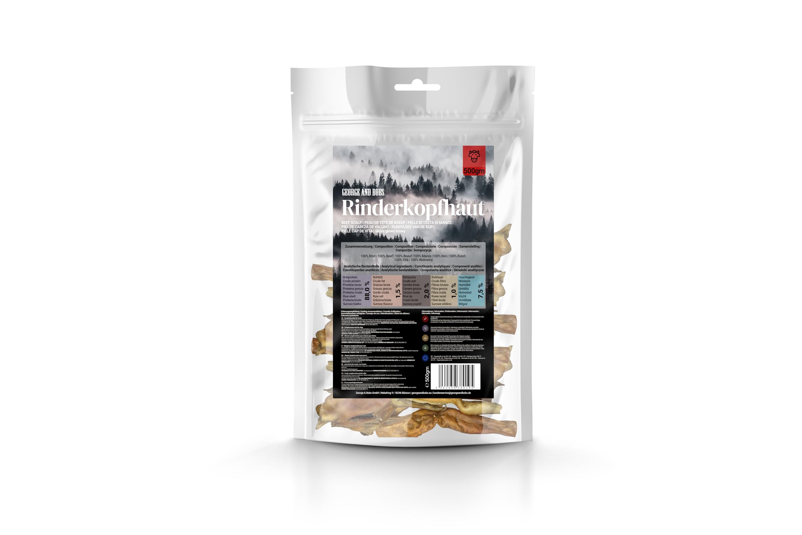 George & Bobs Rinderkopfhaut 5x1000g | 5000g – Aromatischer Naturkausnack für Hunde – Schonend luftgetrocknet – Verschiedene Größen für mittellangen Kauspaß
