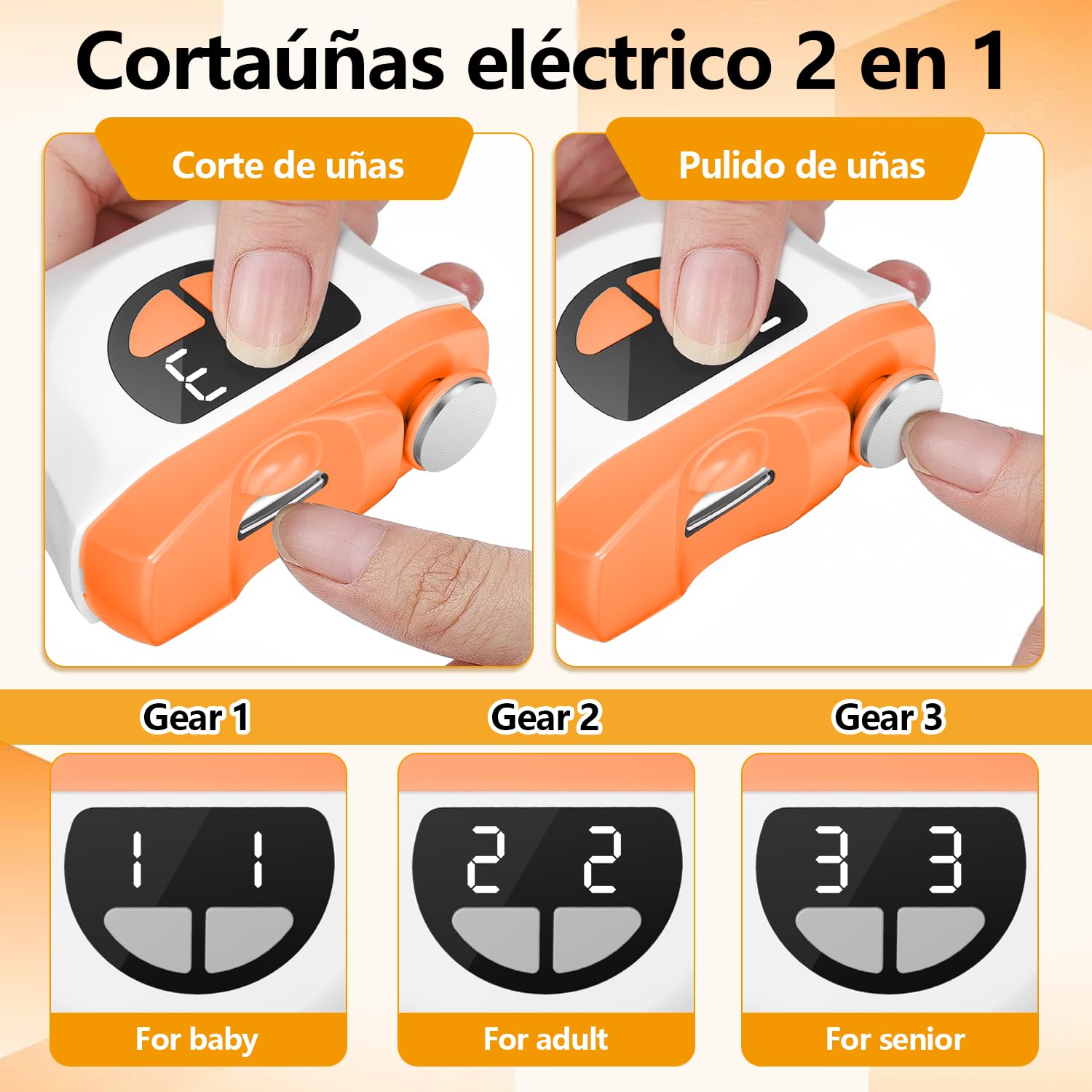 Cortauñas Electrico, 2026 nuevo 3 en 1 Cortaúñas Automático y Pulidor, 3 velocidades Cortauñas Eléctrica Ajustable Automático con Luz LED y Recargable por USB, para bebés, adultos y ancianos - Naranja