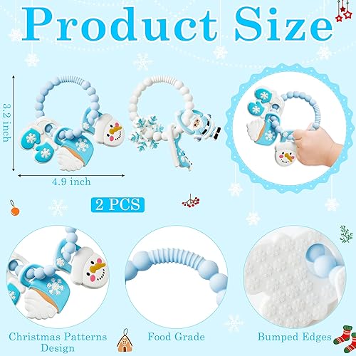 Miniatura 2 de 2 juguetes de dentición de silicona para bebés de Navidad, anillo de Papá Noel y trineo, mordedor suave de copo de nieve para niños pequeños -