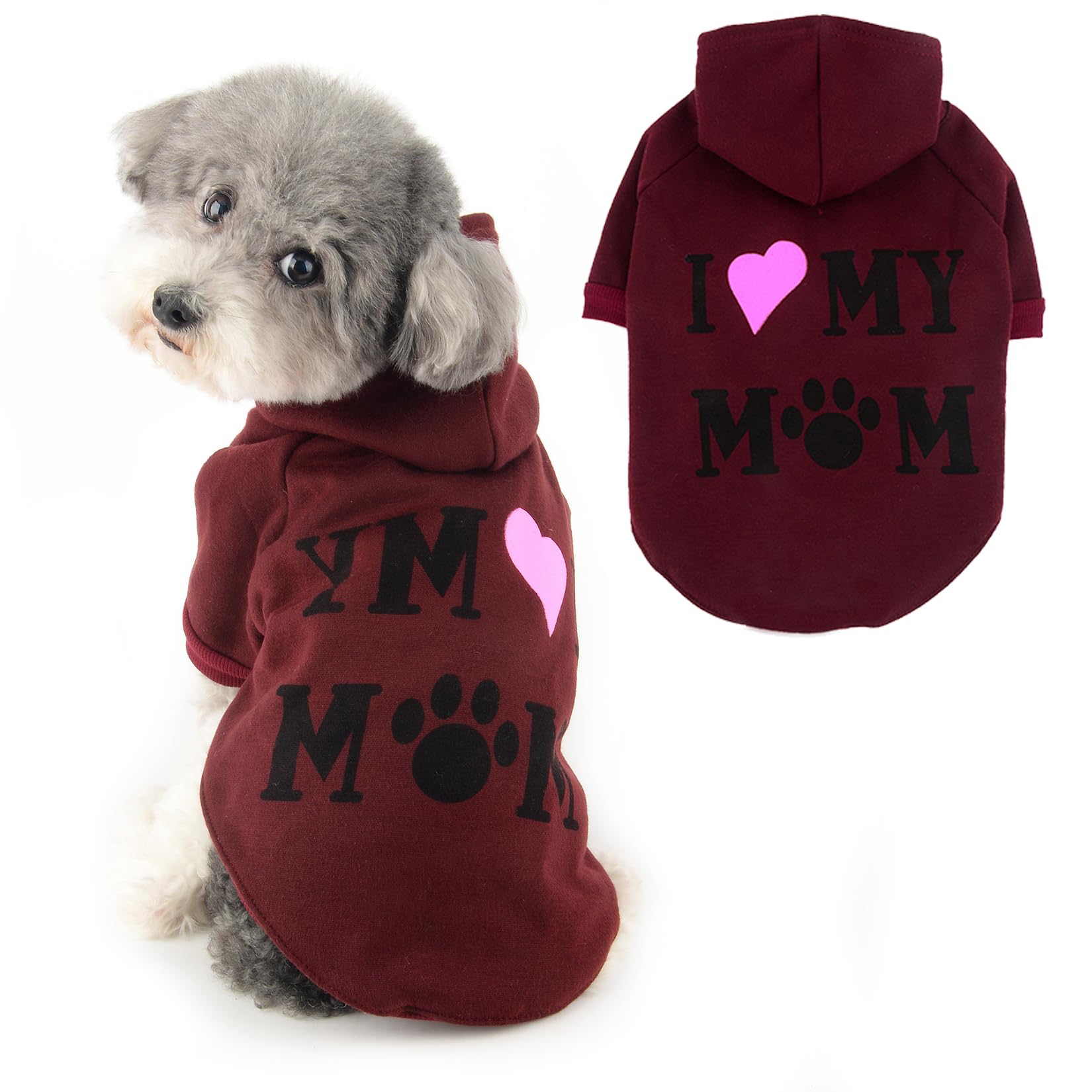 Ranphy Dog Hoodies for Small Dog Girls Boy Pet Jumper with Letter "I Love My Mom" Puppy Sweatshirt Hooded with Leash Hole Autumn Spring Pullover Mother Day Thanksgiving Day Cat Sweater, Wine, L