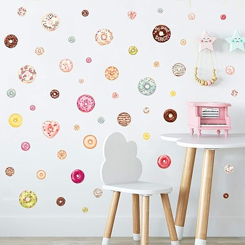 Miniatura 6 de Maydahui 4 hojas (48 unidades) calcomanías de pared de donas de postre de 11 pulgadas, decoración de comida kawaii para guardería, decoración de