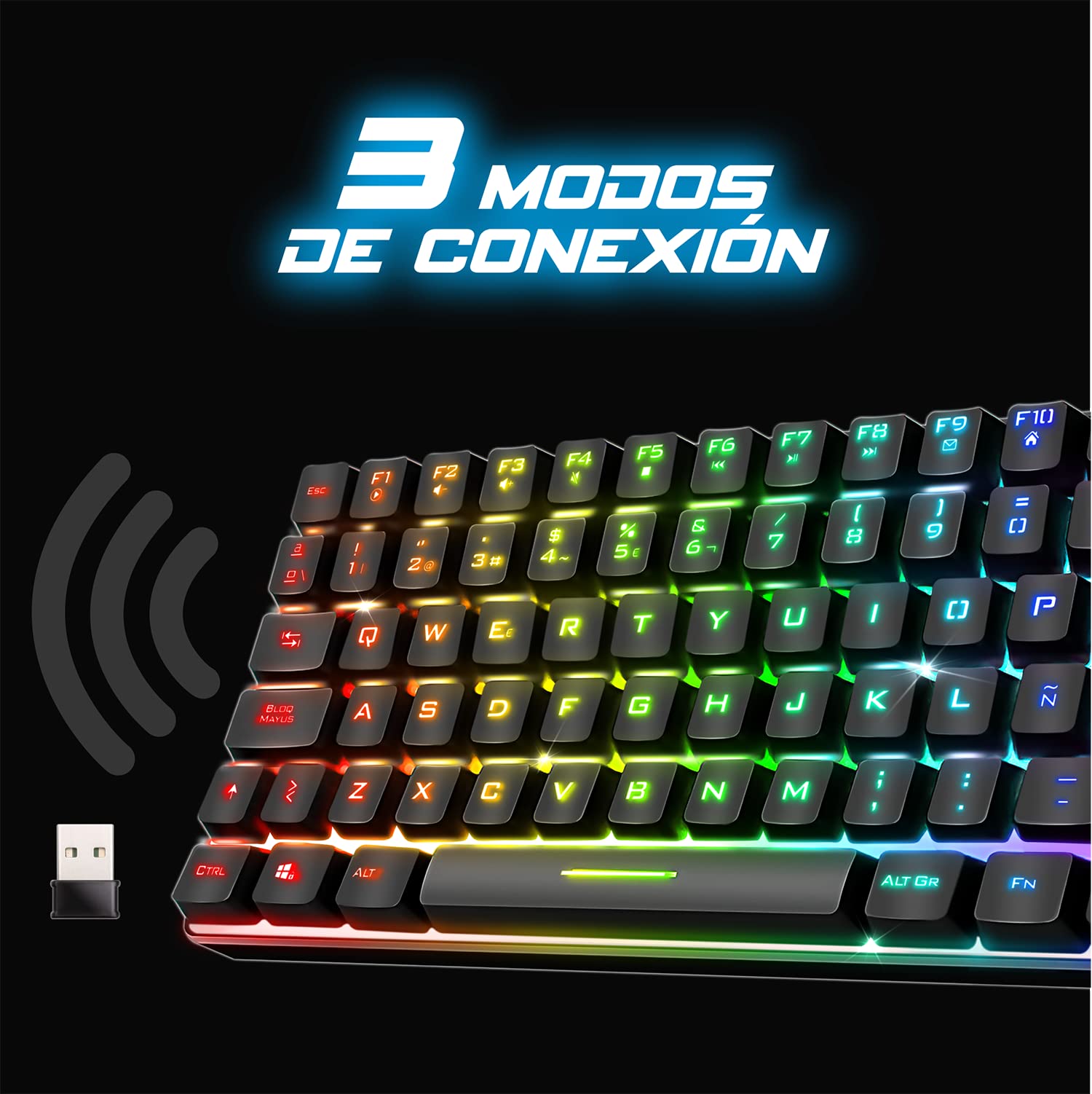 Spirit Of Gamer | Bezprzewodowa klawiatura do gier Bluetooth | Hiszpański układ QWERTY | Klawiatura TKL Kompaktowa 65% | Klawisze półmechaniczne, w tym 25 Anti-Ghosting | Kompatybilny z komputerem,