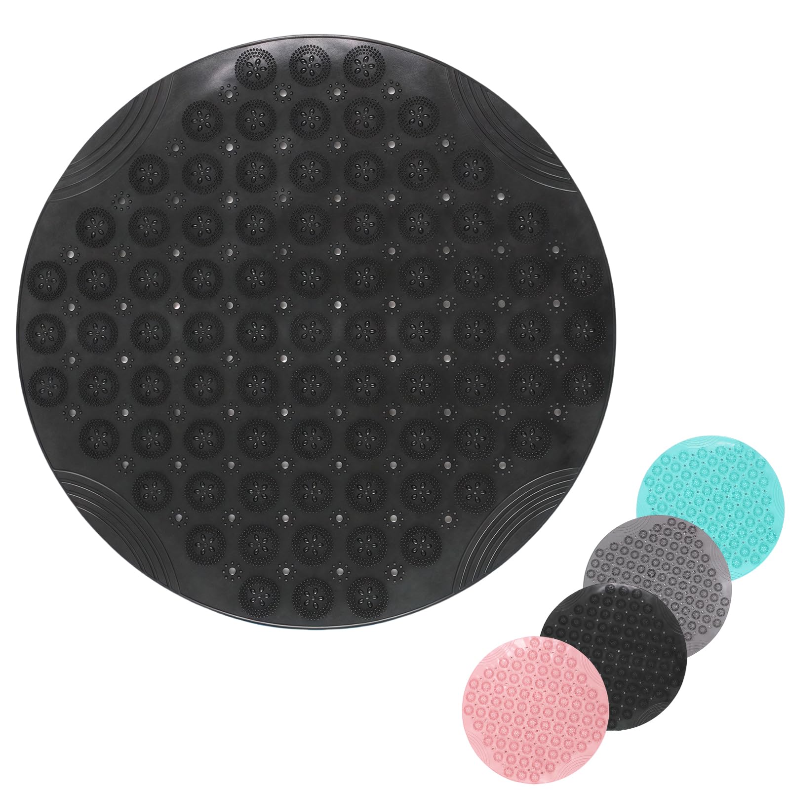 Shower Bath Mat 53x53cm,Extra Round Shower Mat Anti Mould Bath Mats Black,Non Slip Bath Mat for Tub,Shower Mats with Suction Cups,Drain Holes,Machine Washable Bathroom Bathtub for Kids,Elderly