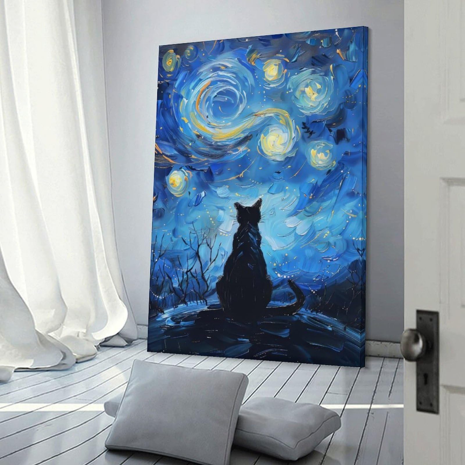 Junmoney Frame-Style-23 Canvas Wall Art Cat Under Starry Night, 16X24inch(40X60cm), For Lounge, Study, Hallway Or Flat Walls, Canvas Wall Art That Fits Changing Layouts