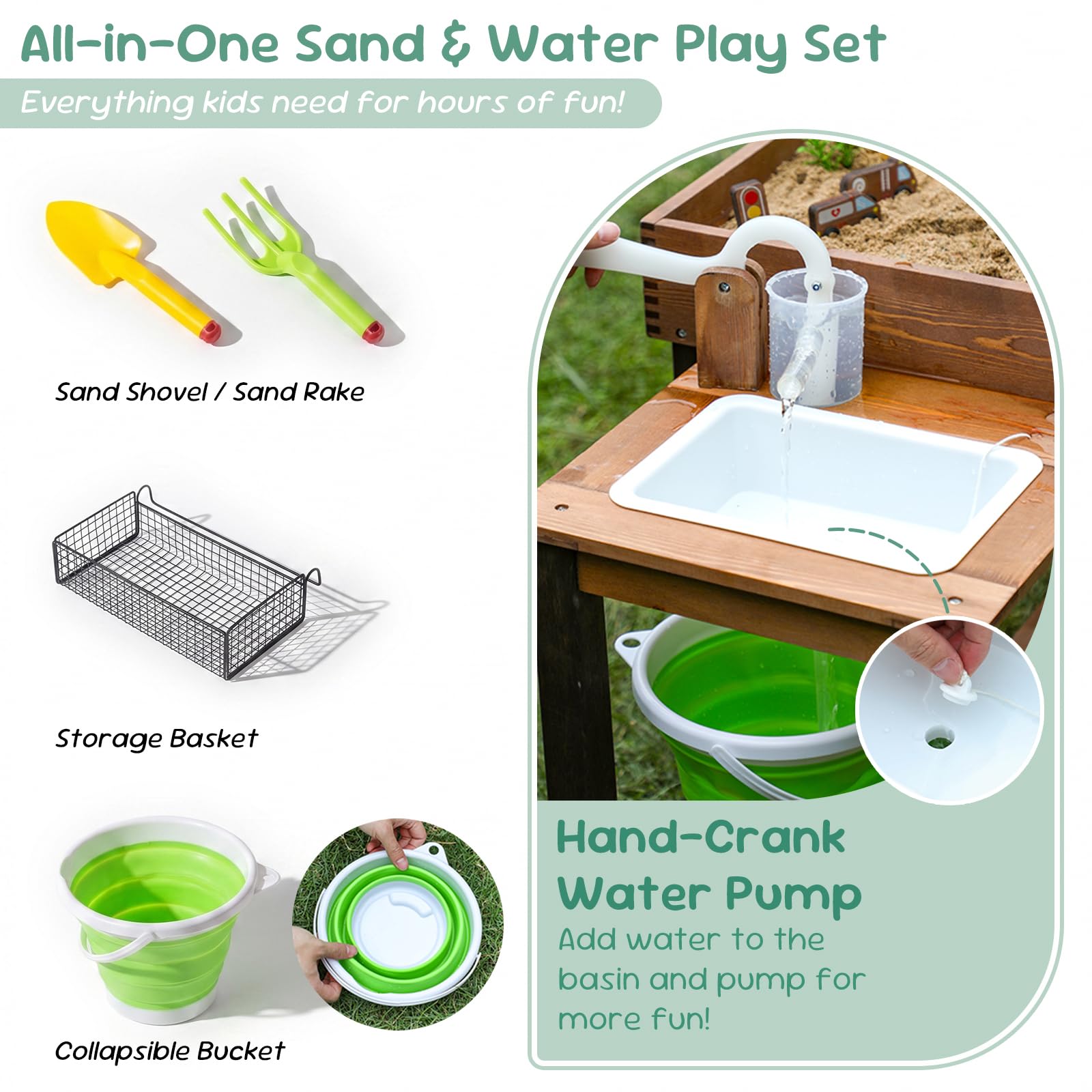 WOODENFUN Kuchnia błotna dla dzieci, do użytku na zewnątrz, z dekoracjami, drewnianymi akcesoriami, zlewozmywakiem, wiadrem, łopatkami do piasku, widelcami, piaskownica do ogrodu, zabawka plażowa
