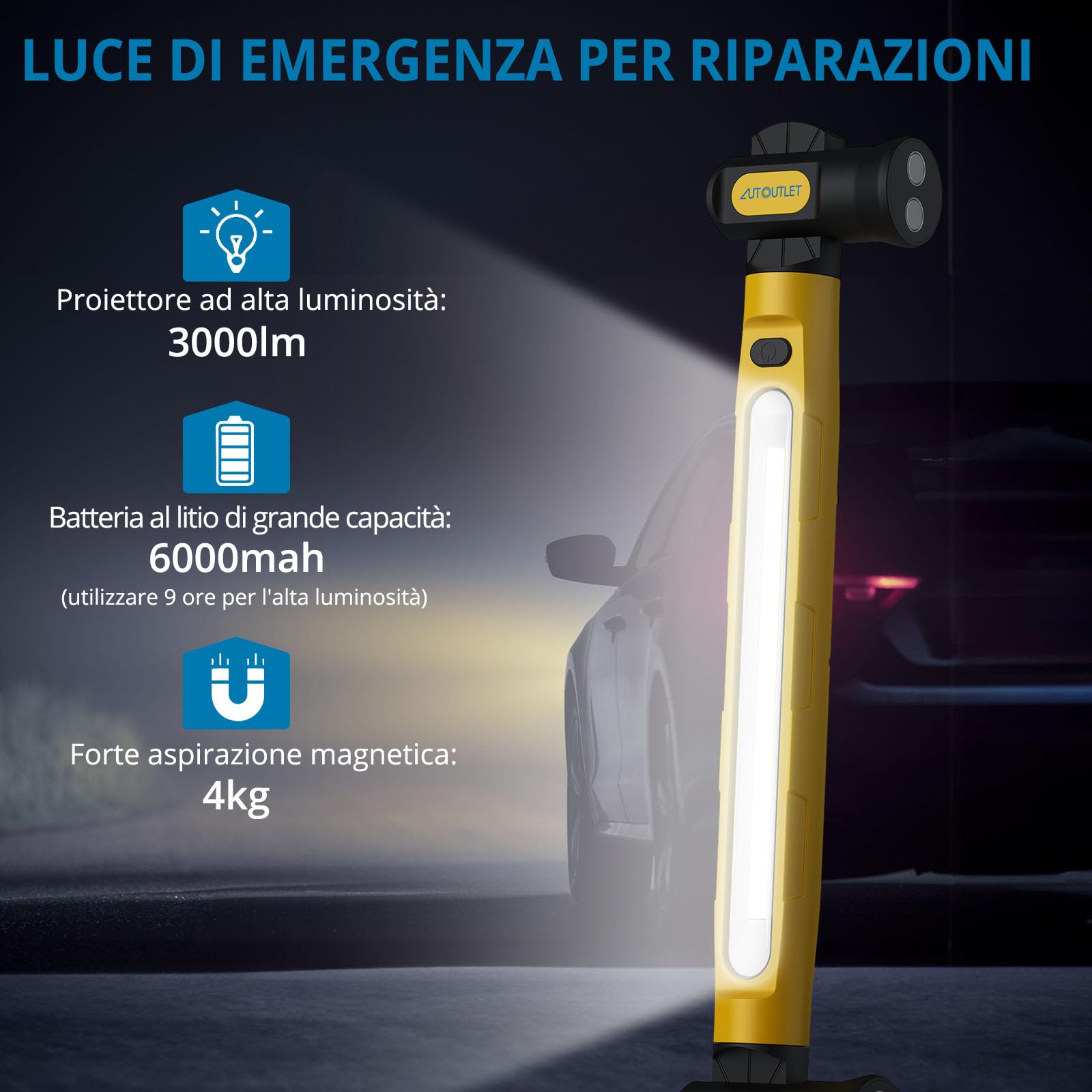 AUTOUTLET 1 Pezzo Lampada da Lavoro LED Ricaricabile COB 6000mAh 3000LM,Lampada di Ispezione Magnetica Portatile con Ganci,3 Modalità e Rotazione di 360°per Campeggio Officine e Garage,Impermeabile