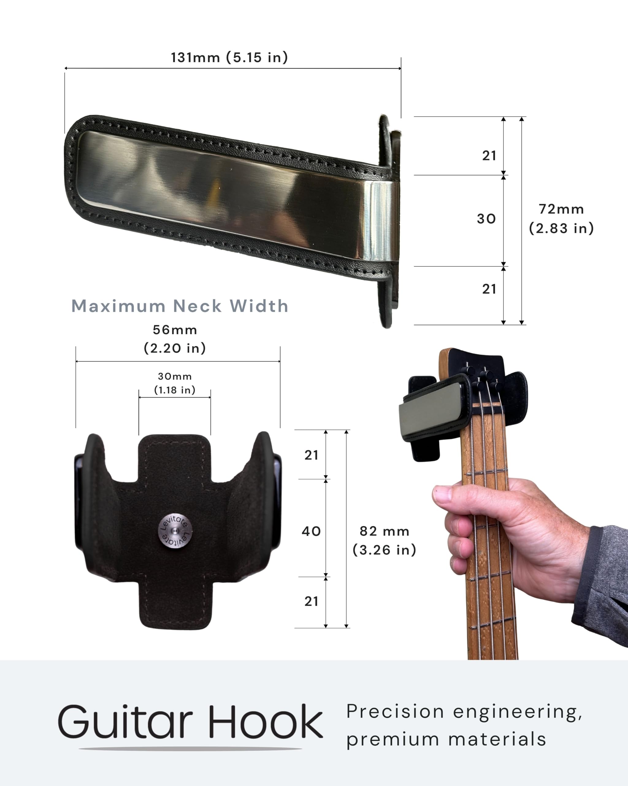 Noisy Clan Taylor - Colgador de pared para guitarra, acero cromado negro con acolchado de cuero, diseño minimalista