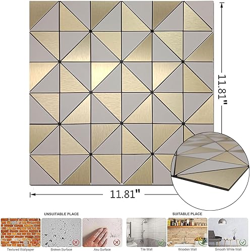 Miniatura 3 de YMMXGE Azulejos triangulares de metal de 14 hojas, calcomanías de pared con textura metálica de alta gama, azulejos autoadhesivos para pared de