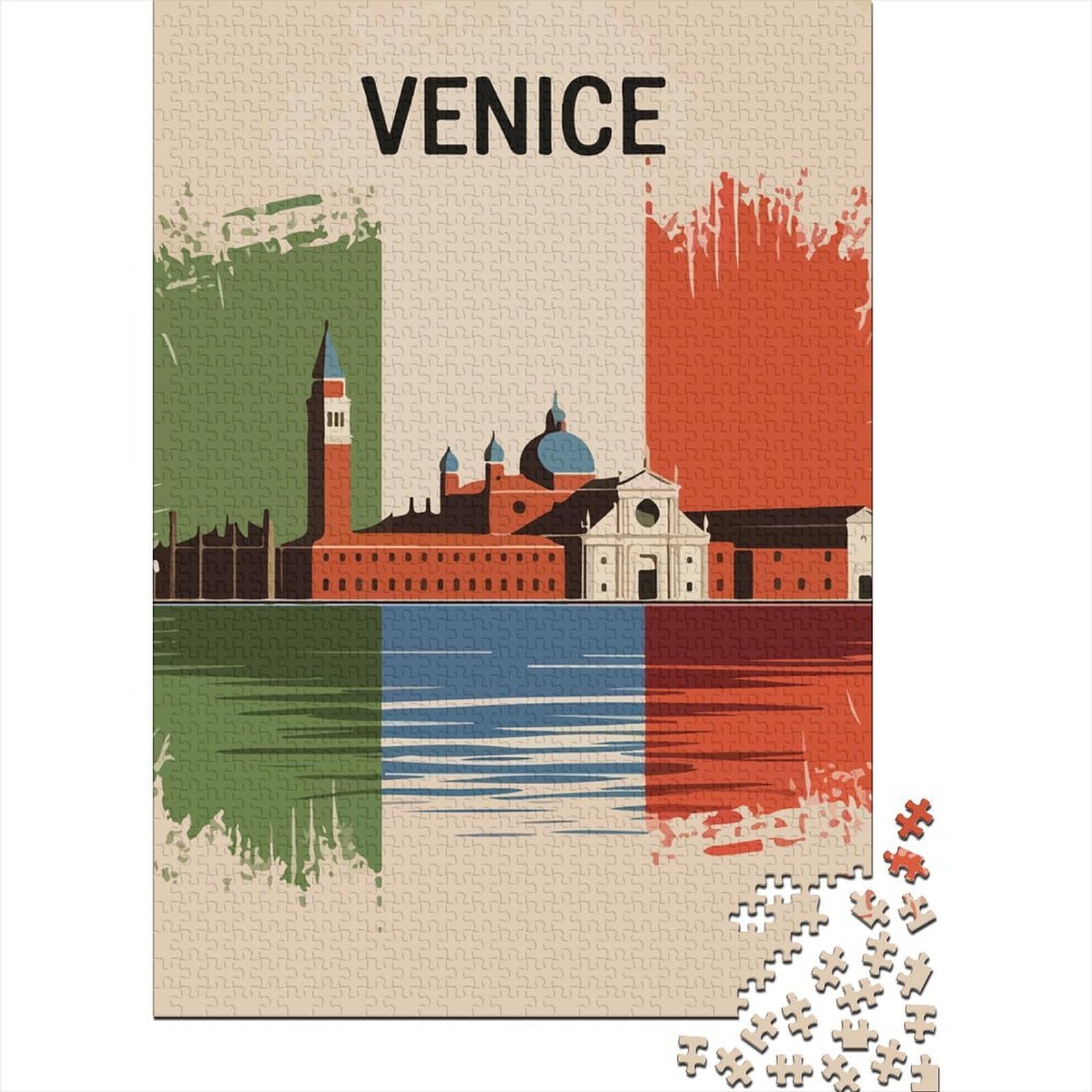Venice Italy Travel Poster Travel Puzzle 1000 Pieces, Retro Travel Poster Artwork, Interlocking Paper Pieces, Family Night Game for Puzzle Lovers, 70x50cm/1000pcs