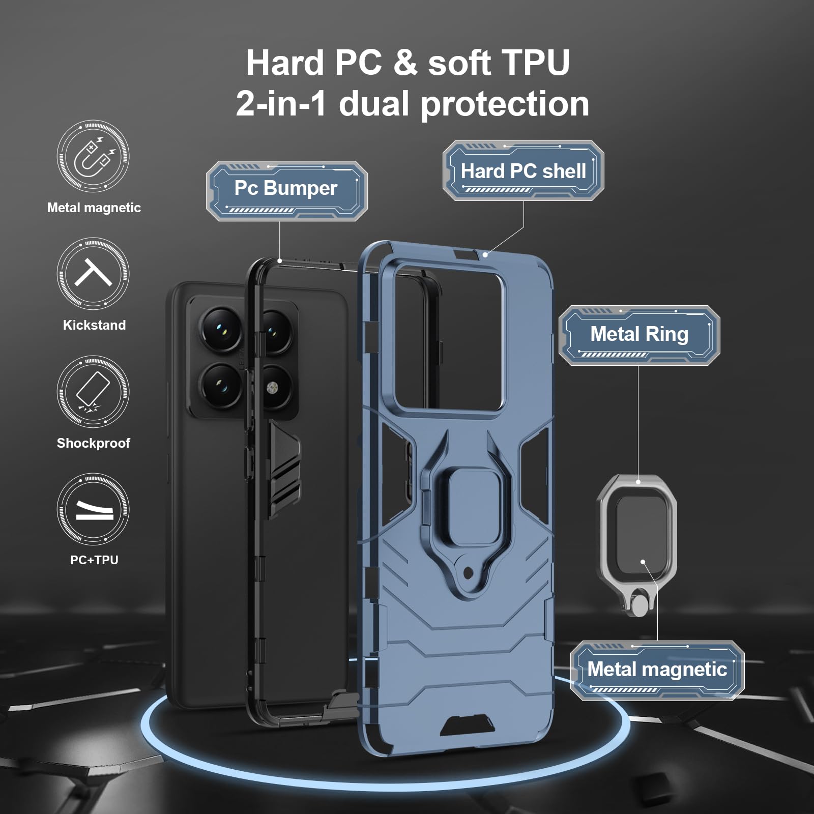 Funda para Xiaomi Redmi Note 15 Pro 5G, Carcasa Antigolpes con Soporte anular metálico, Case Protectora de Grado Militar, Azul — view 457