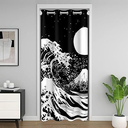 Moon Door Curtain for Doorway Privacy, Ocean Waves & Mountain