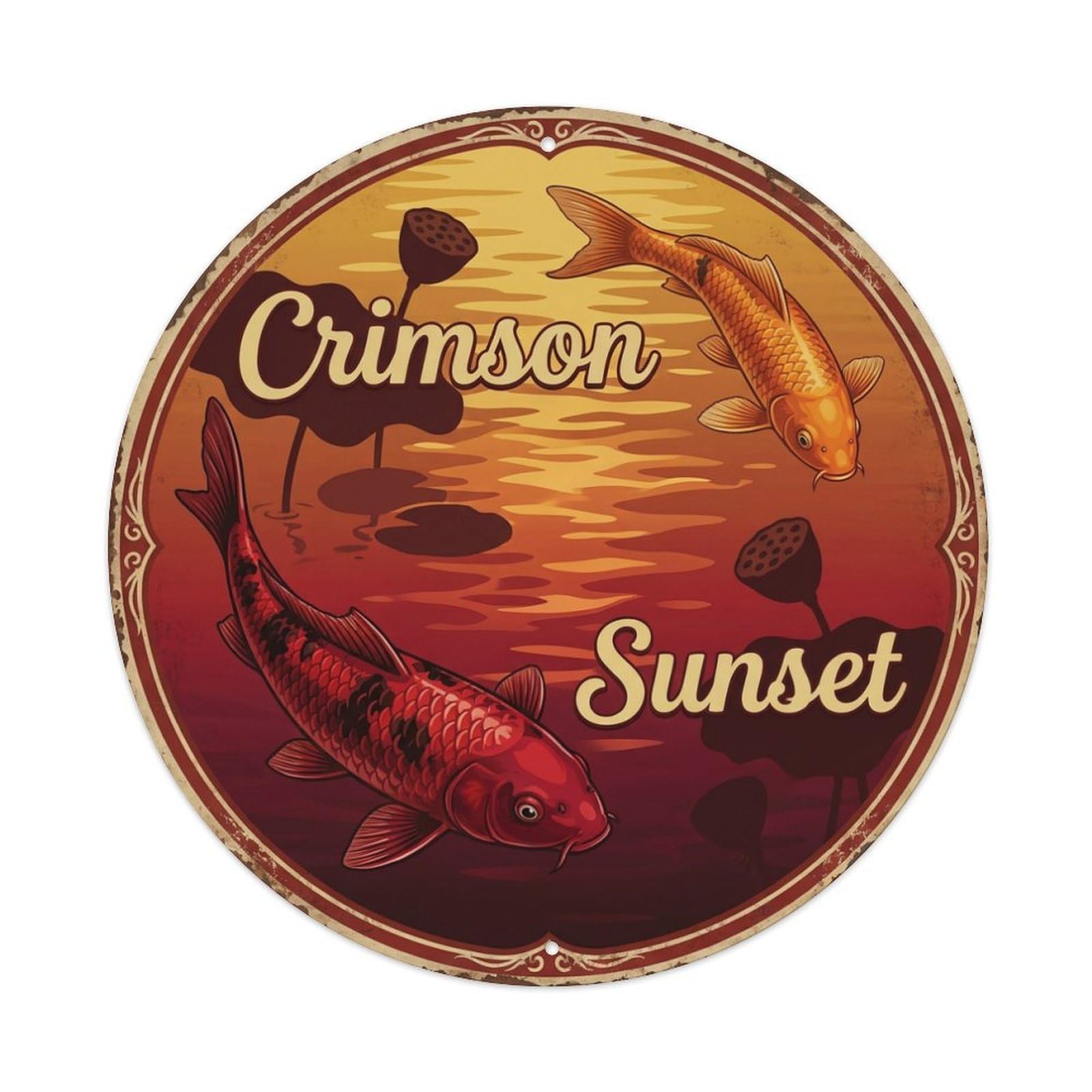 Metal Tin Sign Koi Fish Crimson Sunset Japan Retro Ukiyo-e