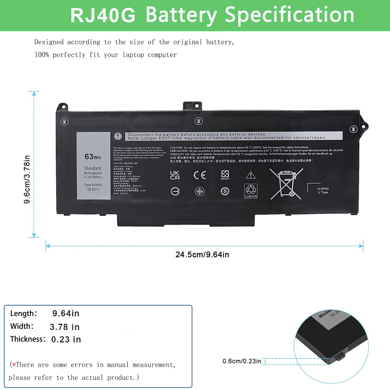 RJ40G Laptop Akku Ersatz für Dell Latitude 14 5420 Latitude 15 5520 Precision 15 3560 Series 01K2CF 075X16 WY9DX F3T9T 7RV10 P137G P137G001 P104F 0WK3F1 0 M3KCN 0 05R42 Akku, 15,2 V, 63 Wh