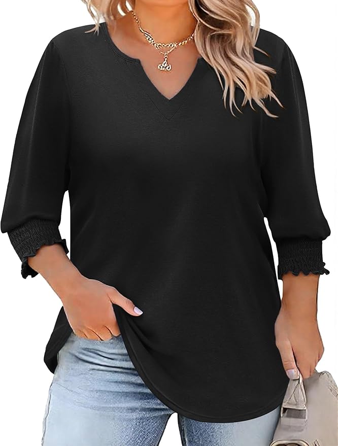 Rapbin Womens Plus Size Tops 3/4 Sleeve Blouses Shirts Casual V Neck Loose Tunic Tops 1X-5X