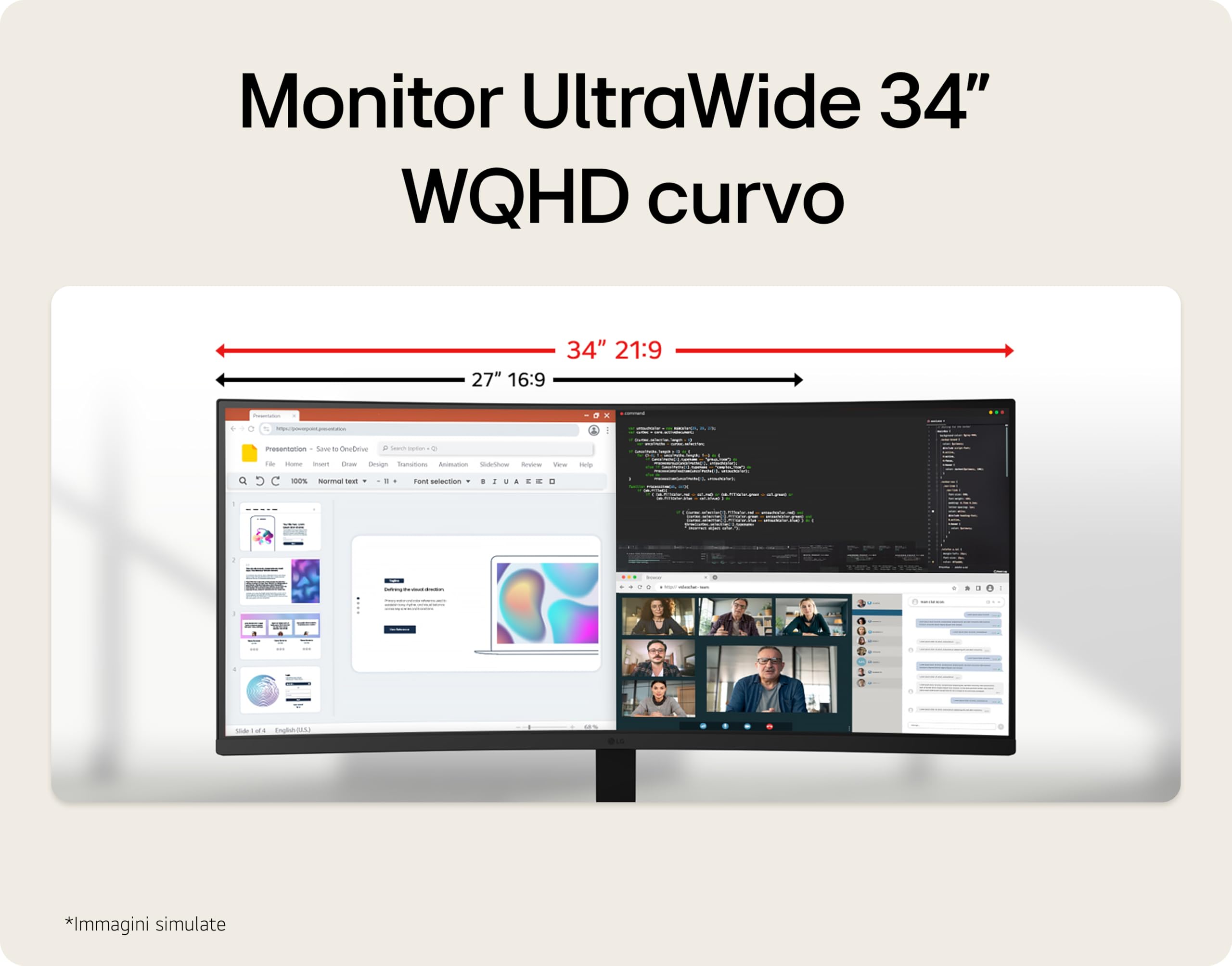 LG 34U601B Monitor UltraWide Curvo 34" WQHD (3440x1440), 120Hz, HDR10, sRGB 99%, FreeSync, HDMI 2.0, DisplayPort 1.4, Design Borderless 21:9, Nero