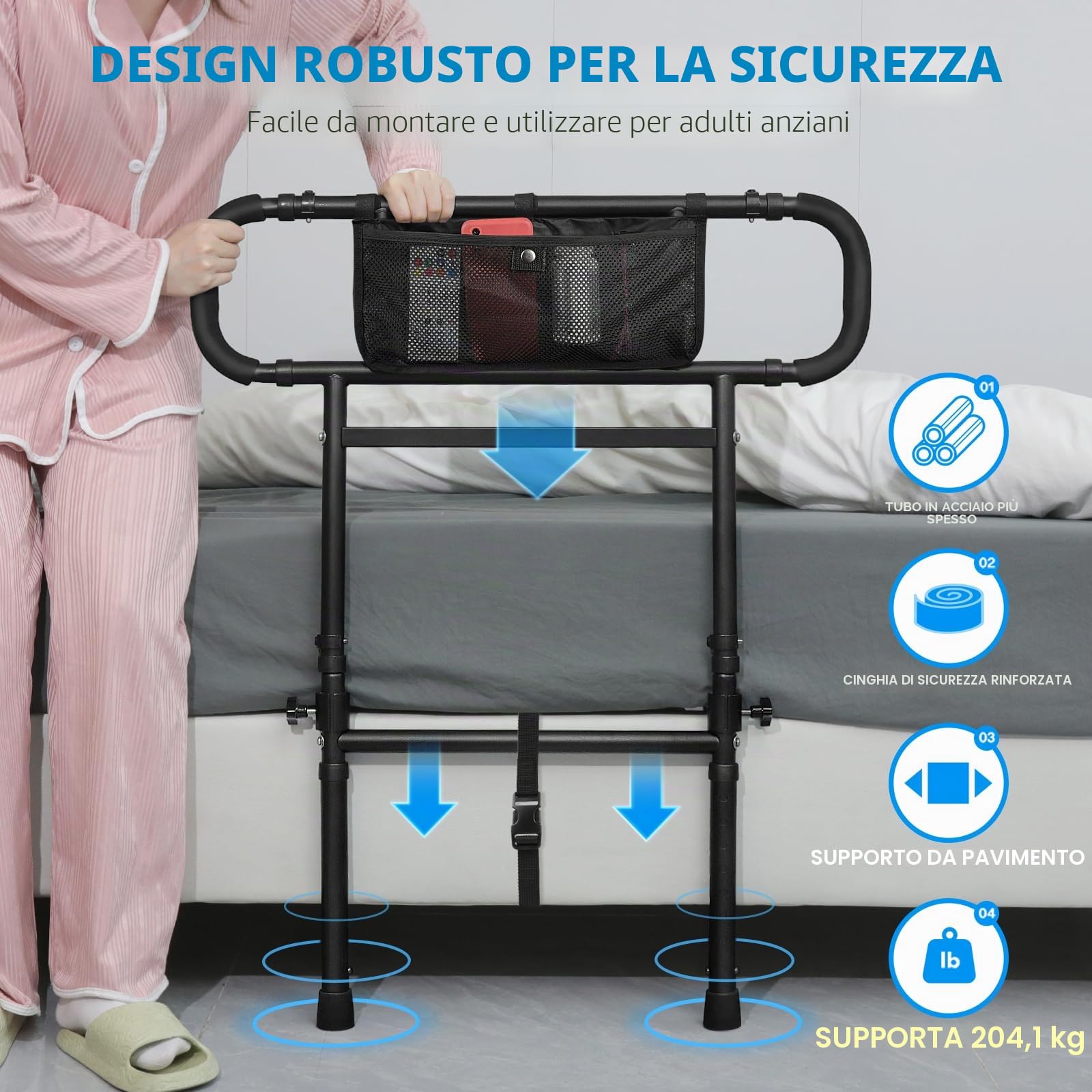 FORTEMOTUS Sponde Letto Anziani, Barriere per Letto Adulti Regolabile in Altezza Gambe, con Borsa, Maniglia di Sicurezza Supporto Alzarsi Disabili, L (Spessore Materasso 25-40 cm)