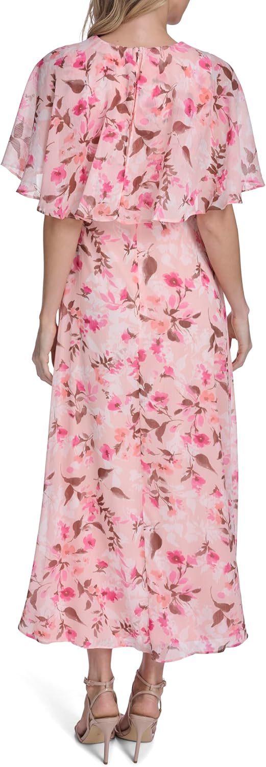 Calvin Klein Women's Flutter Sleeve Round Neck Chiffon A-line Midi Dress