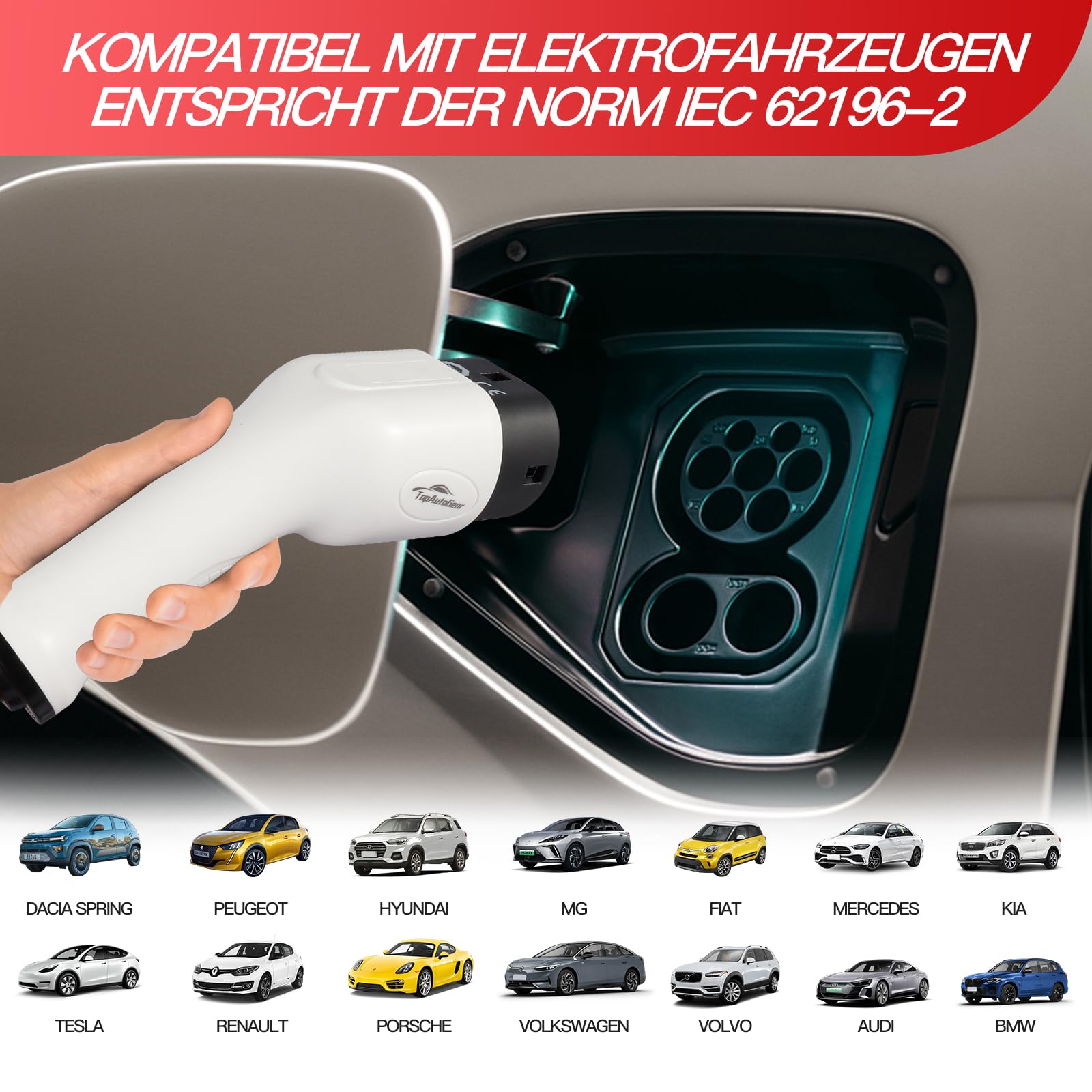 Mobile Wallbox 11 kW [6 m | 8-16 A] mit einstellbarer Stromstärke, Ladekabel CEE 16A auf Typ 2 für ID.3/4/5, Model Y/3, MG4, EX30, e-up, e-tron, Zoe, EV-Charger, TÜV-geprüft & CE-zertifiziert