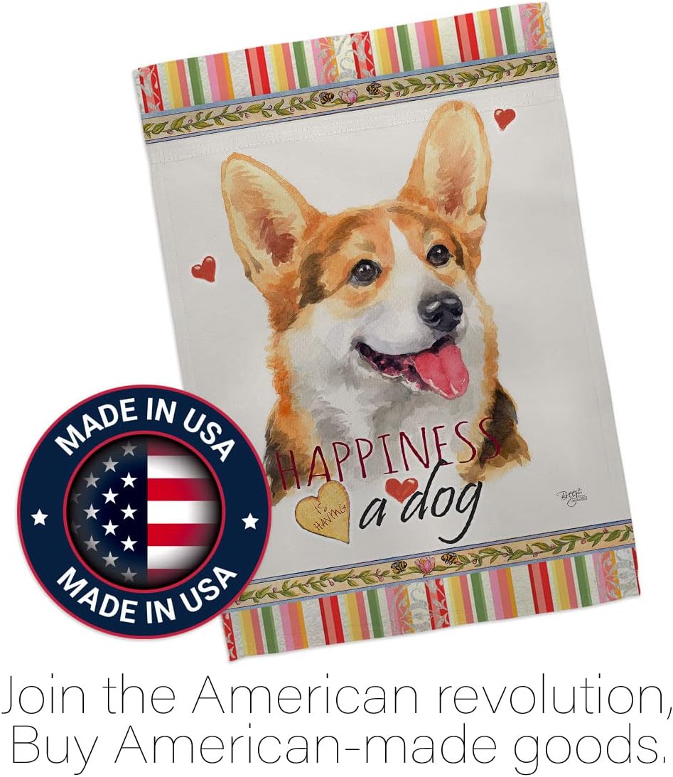 Breeze Decor Pembroke Welsh Corgi Happiness Garden House Flag-Kit Dog Puppy Spoiled Paw Canine Fur Pet Nature Farm Animal Creature Decoration Banner Small Yard Gift Double-Sided, Made in USA