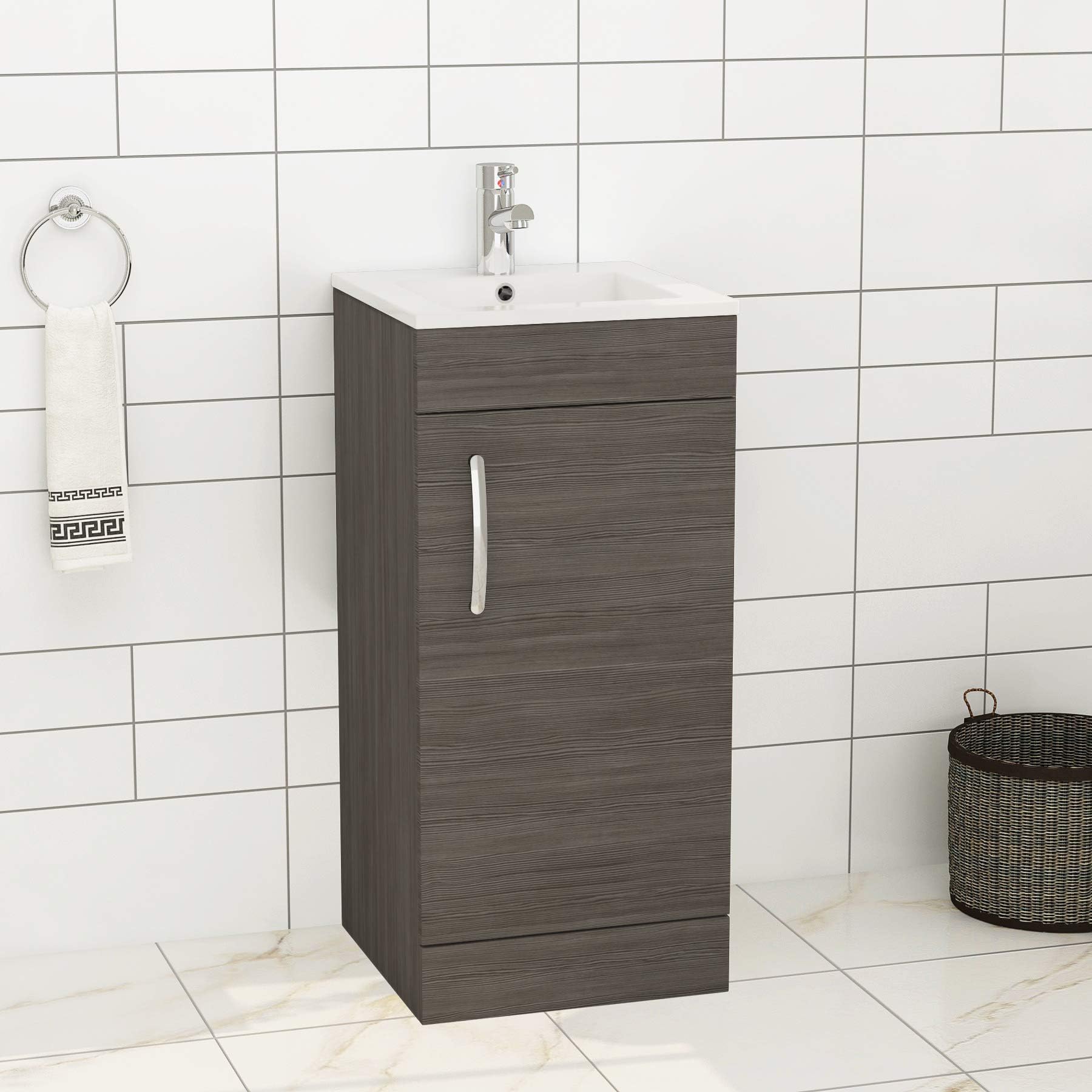 Modern Bathroom Vanity Unit 400mm 1-Door Floor Standing Storage Cabinet Basin Sink Grey Elm Cloakroom