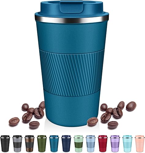 Miniatura 8 de Vasos de café aislados con tapa abatible de 12 oz / 17 onzas, taza de café de viaje de acero inoxidable a prueba de fugas, taza de café aislada al