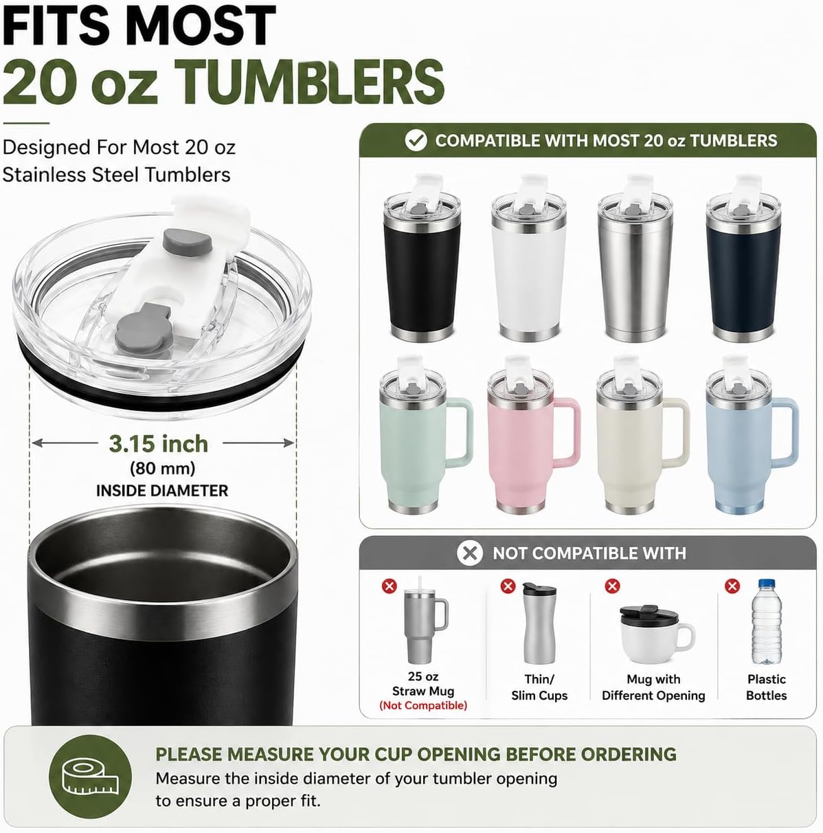 2-Pack Flip Replacement Lids for Most 20 oz Tumblers, Fits 3.15" Diameter Insulated Travel Mugs, Compatible with YETI Rambler 20 oz & Other Brands, Splash-Resistant BPA-Free Food-Grade Plastic image 3