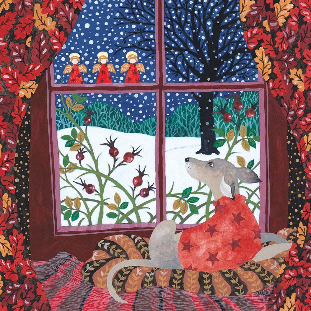 Museums & Galleries Charity Christmas Cards Pack of 5 - Dog and Snowy Window Scene - Festive Christmas Cards Multipack - In Aid of UK Charities