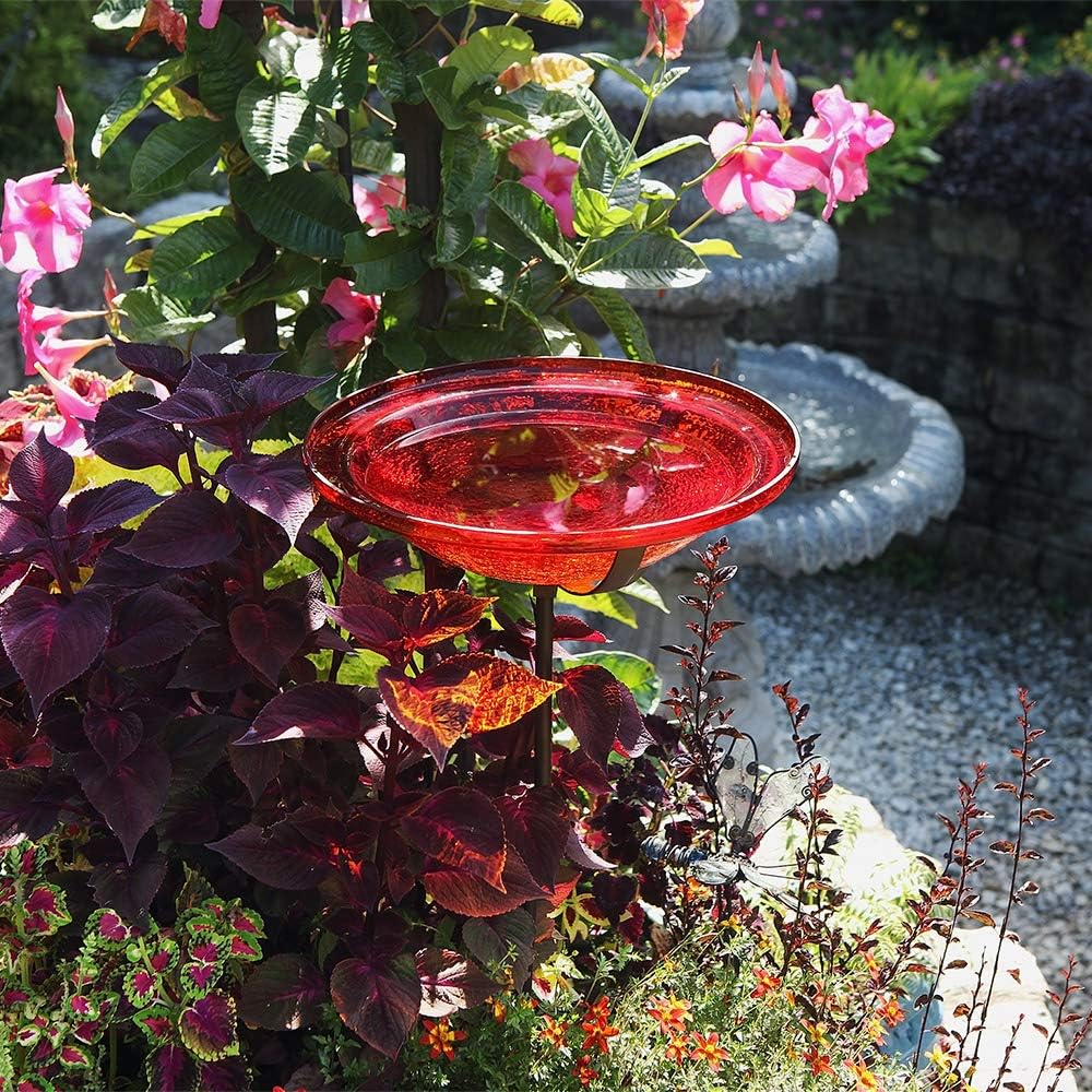 Achla Designs GBB-09 12" Crackle, Red 12 inch Glass birdbath with Stake