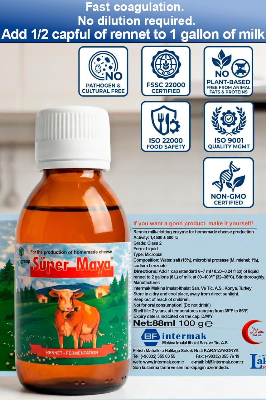 Microbial Liquid Rennet for Cheese Making, 3 fl oz (88 ml), Vegetable Rennet Starter & Milk Coagulant for Homemade Dairy, 1/2 Capful per Gallon, 100% Vegetarian Enzyme for Cow, Goat & Sheep Milk