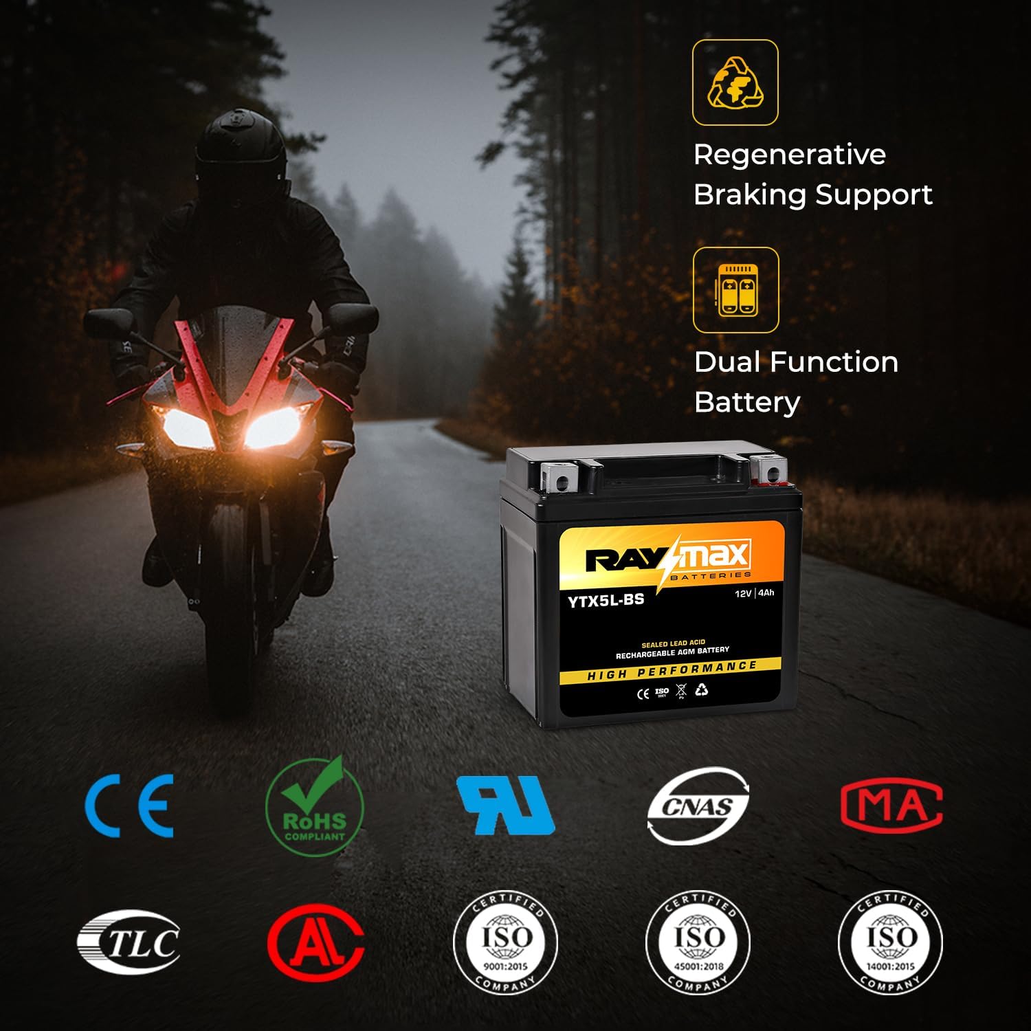 YTX5L-BS 12V 4Ah AGM Motorcycle Battery – Maintenance-Free Powersports Battery for ATV, UTV, Scooter, Snowmobile, Jet Ski-High CCA 100, Compact, Sealed Lead Acid | Size: 4.48"L x2.79"W x4.17"H.