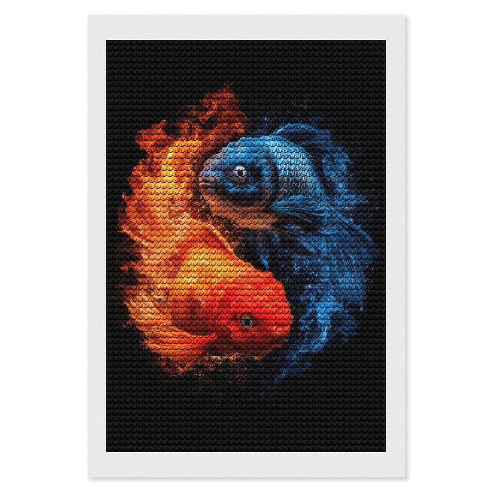 Junmoney Yin Yang Fish Diamond Painting Set 8"x12", Neat Printed Canvas, with Tool Kit, Bedroom Decor, Gift Idea, Complete Accessories