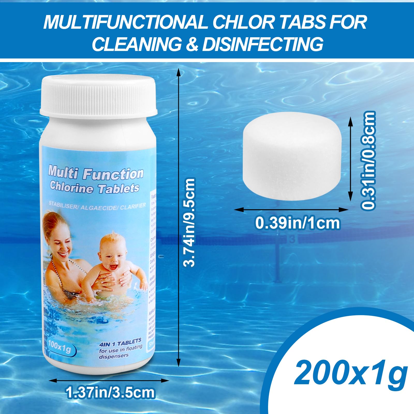 200 Pcs Pool Reinigungstabletten, 5 in 1 Multitabs für Pool, Wassertank, Whirlpool, Spa (A1)