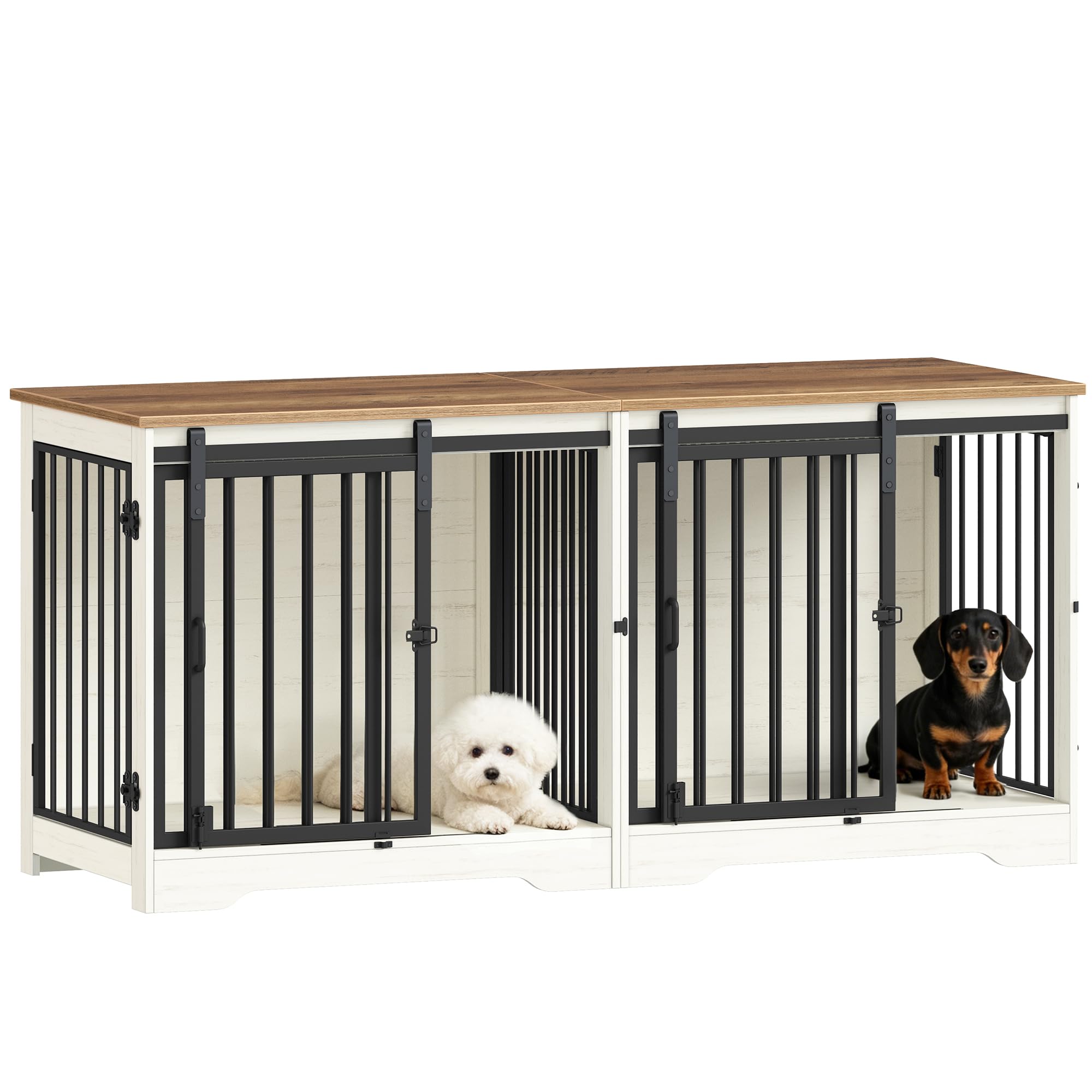 Hzuaneri Dog Crate Furniture for 2 Dogs, 136 cm Double Dog Crate with Divider and Barn Door, Wooden Indoor Kennel TV Stand for Medium Small Dogs, 136 x 49 x 64.5 cm, White Brown DFC88314B