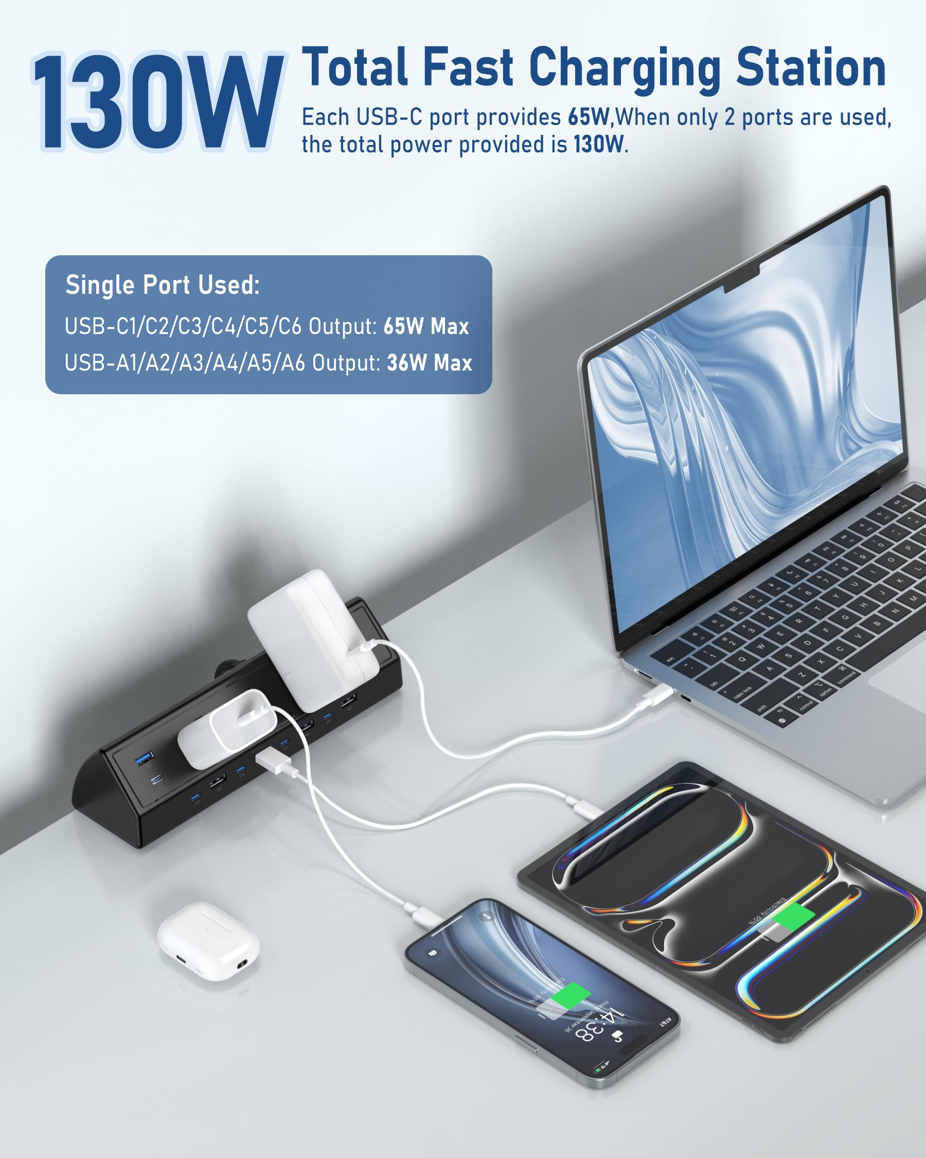 Jgstkcity Zasilacz zaciskowy biurkowy 130 W, 12 x USB (6 PD 65 W USB-C), zabezpieczenie przeciwprzepięciowe, przedłużacz koncentratora zasilania, w zestawie
