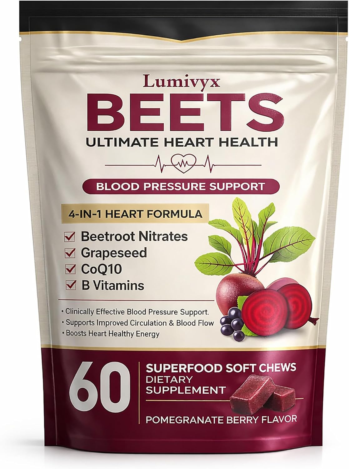 Lumivyx Beet Chews - Beetroot with Grape Seed Extract & CoQ10, Nitric Oxide Support Formula for Circulation & Daily Energy, Pomegranate Berry Flavor, Non-GMO, Gelatin-Free - 60 Chews