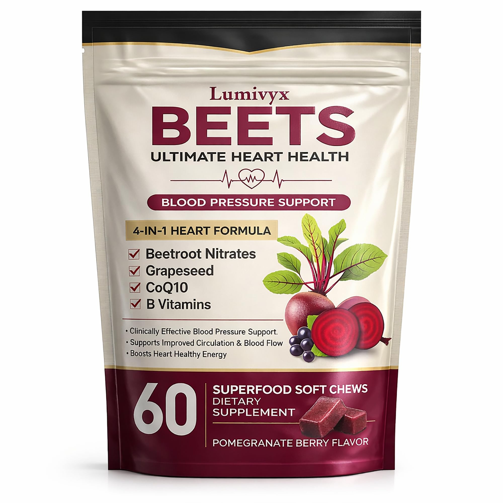 Lumivyx Beet Chews - Beetroot with Grape Seed Extract & CoQ10, Nitric Oxide Support Formula for Circulation, Pomegranate Berry Flavor, Non-GMO, Gelatin-Free - 60 Chews