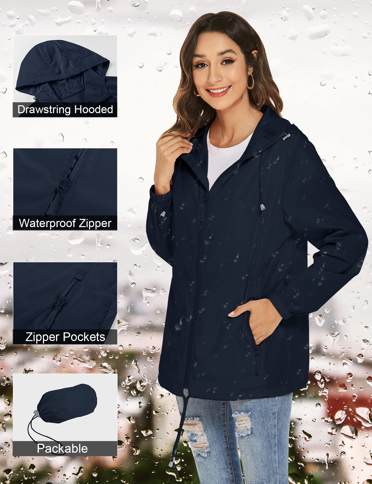 Rapbin Veste de pluie, légère, imperméable, coupe-vent, fine, pliable, pour les voyages et le vélo, pour femme