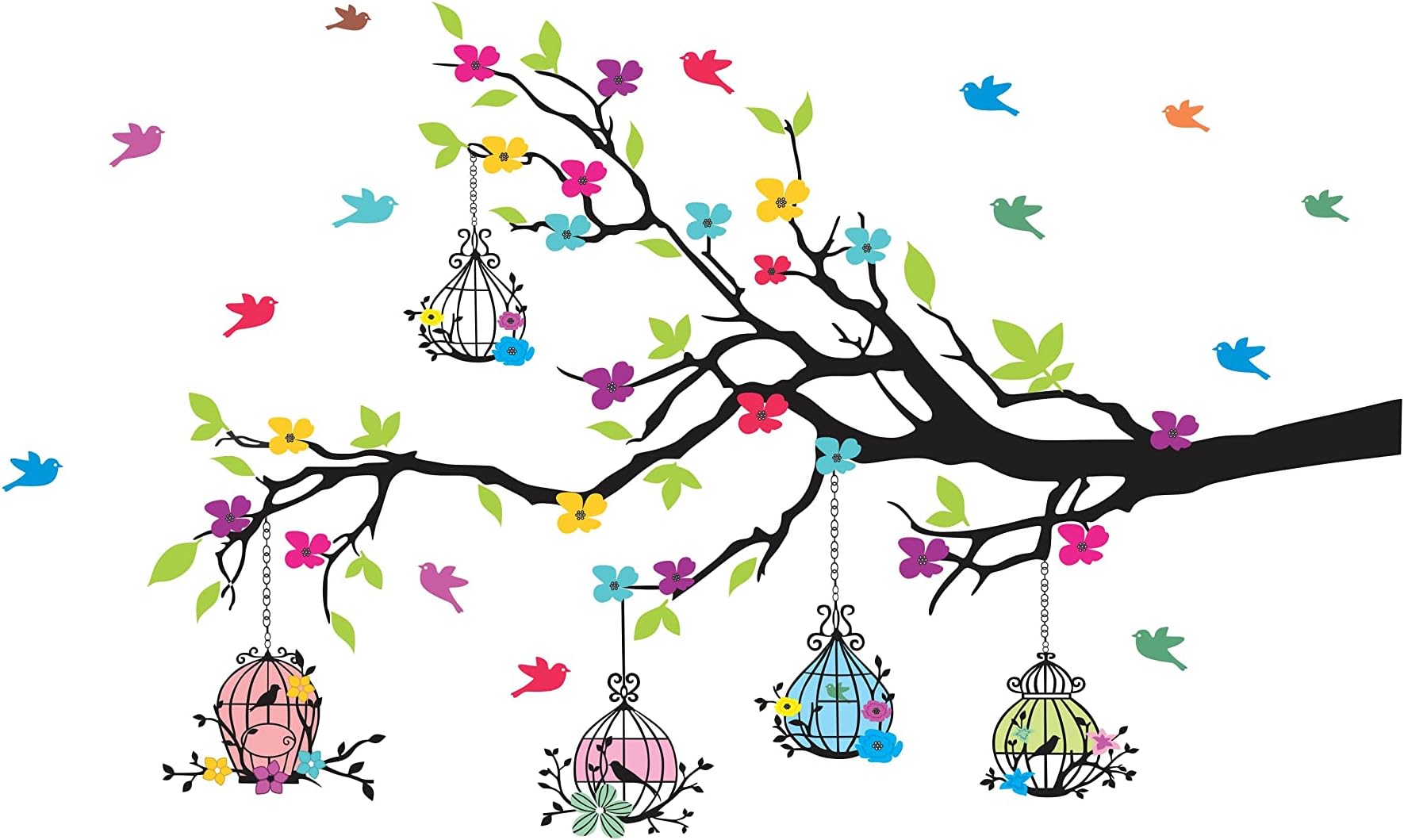 Psychedelic Collection - Tree Branches with Birdcage and Flower- Wall Decoration Sticker Home (Ideal Size on Wall: 127 cm x 80 cm),Multicolour