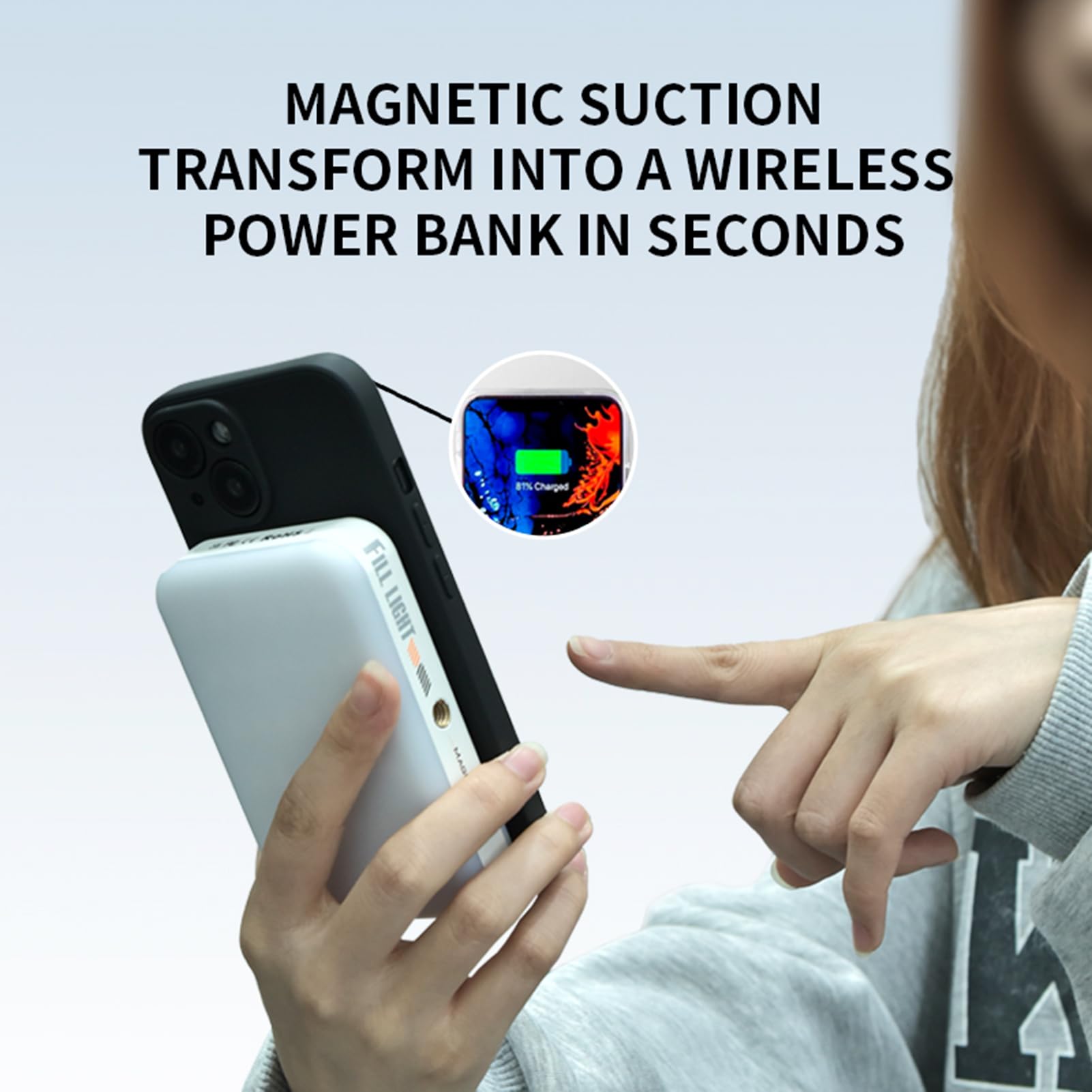 Andoer MAG5RGB, luce video a LED, 2500 K - 9000 K, dimmerabile, per telefoni con fotocamera, 26 effetti scenari, ricarica wireless magnetica del telefono cellulare con adattatore per flash