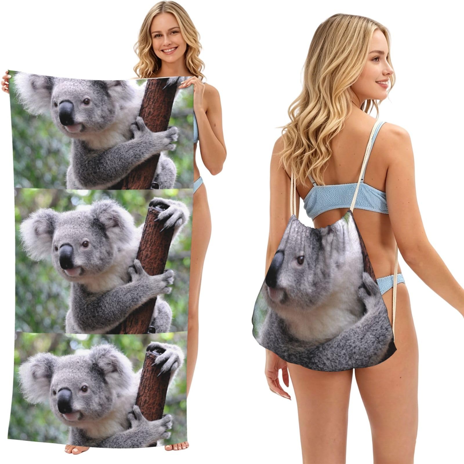 Poadnly As Picture Koala On Branch, 2 In 1 Packable Towel Bag, Beach Towels With Drawstring Backpack For Travel Holiday Camping